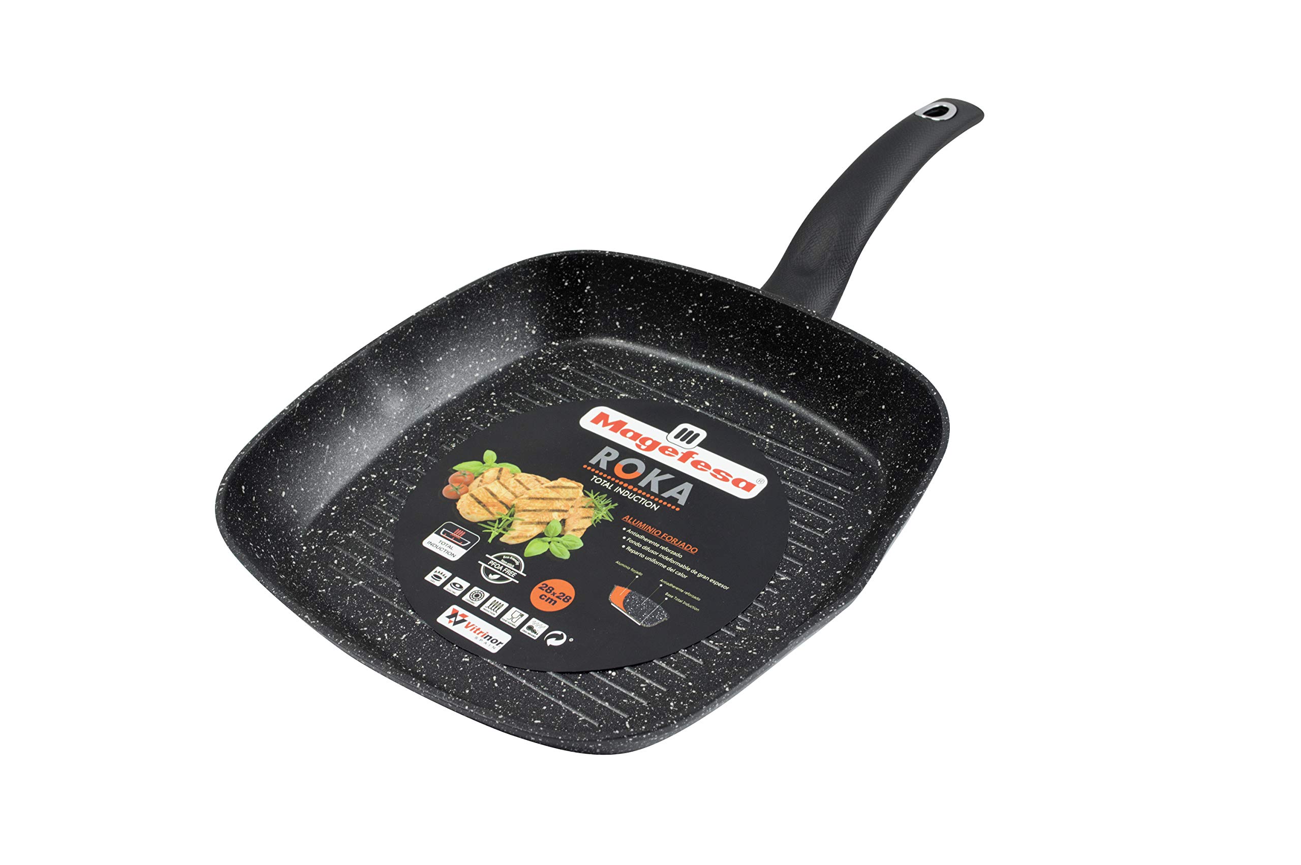 Magefesa Roka Asador 28 cm de aluminio forjado bicapa efecto piedra, color exterior efecto piedra. Full induction. Mango soft touch negro.