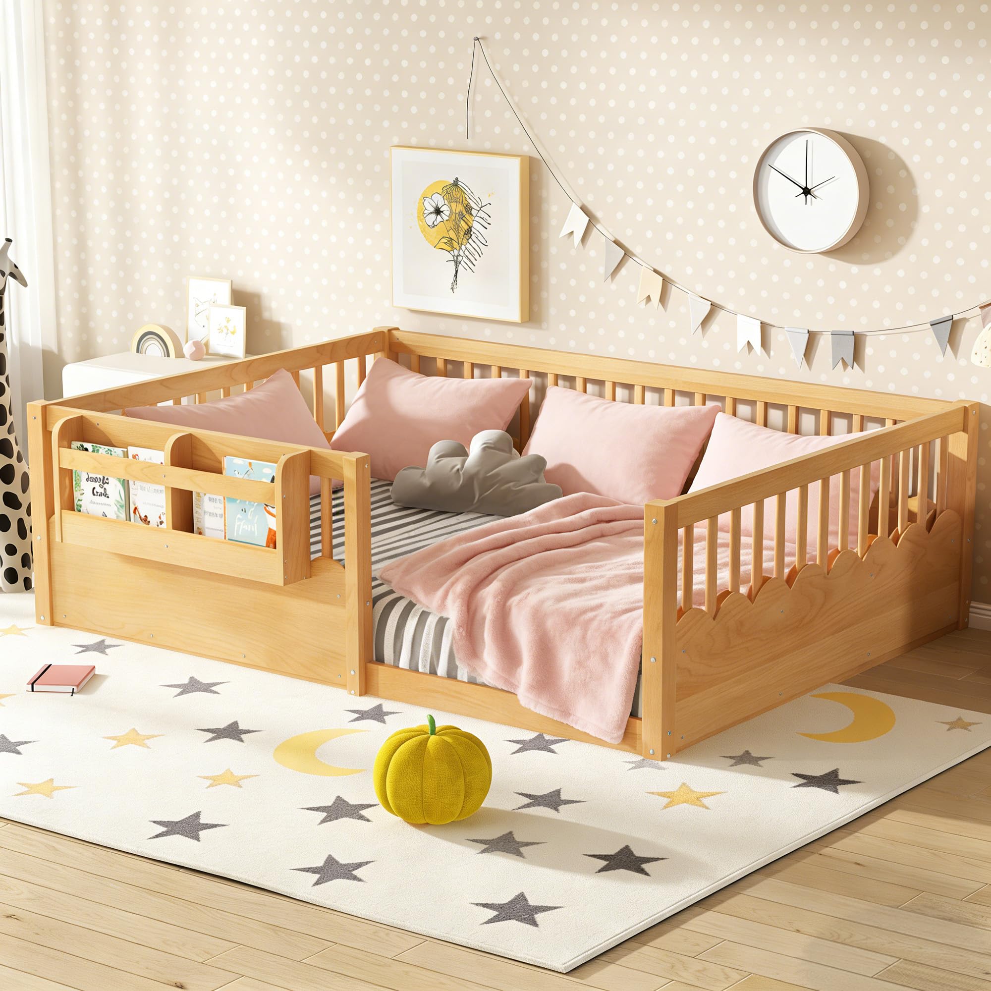 Bellemave Full Size Floor Bed Frame for Kids, Wooden Full Montessori Floor Bed with Heightened Fence and Bookshelf for Girls Boys, Natural