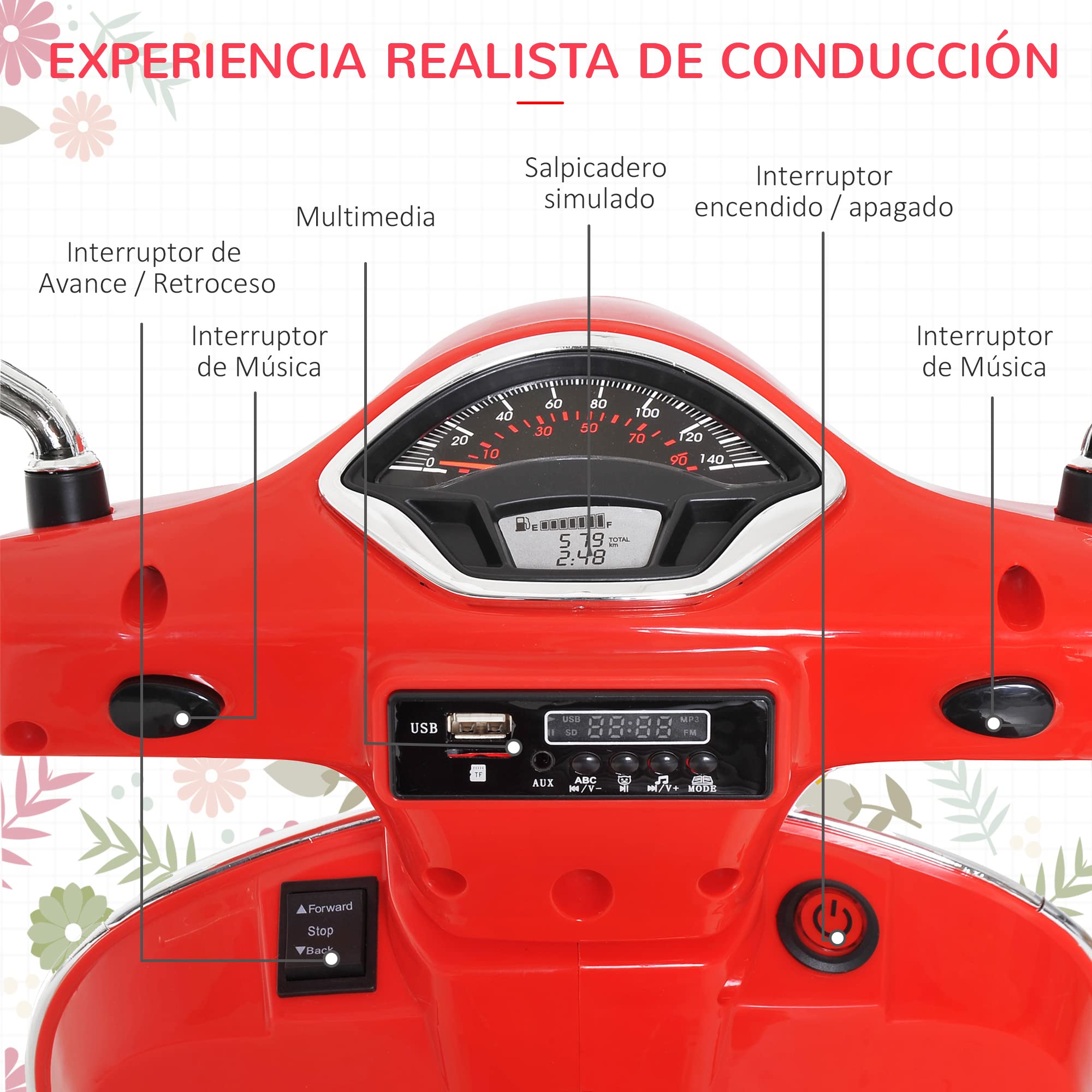 HOMCOM Moto Eléctrica para Niños 3-6 Años Vespa Batería Música 2-3 km/h Bocina Rojo