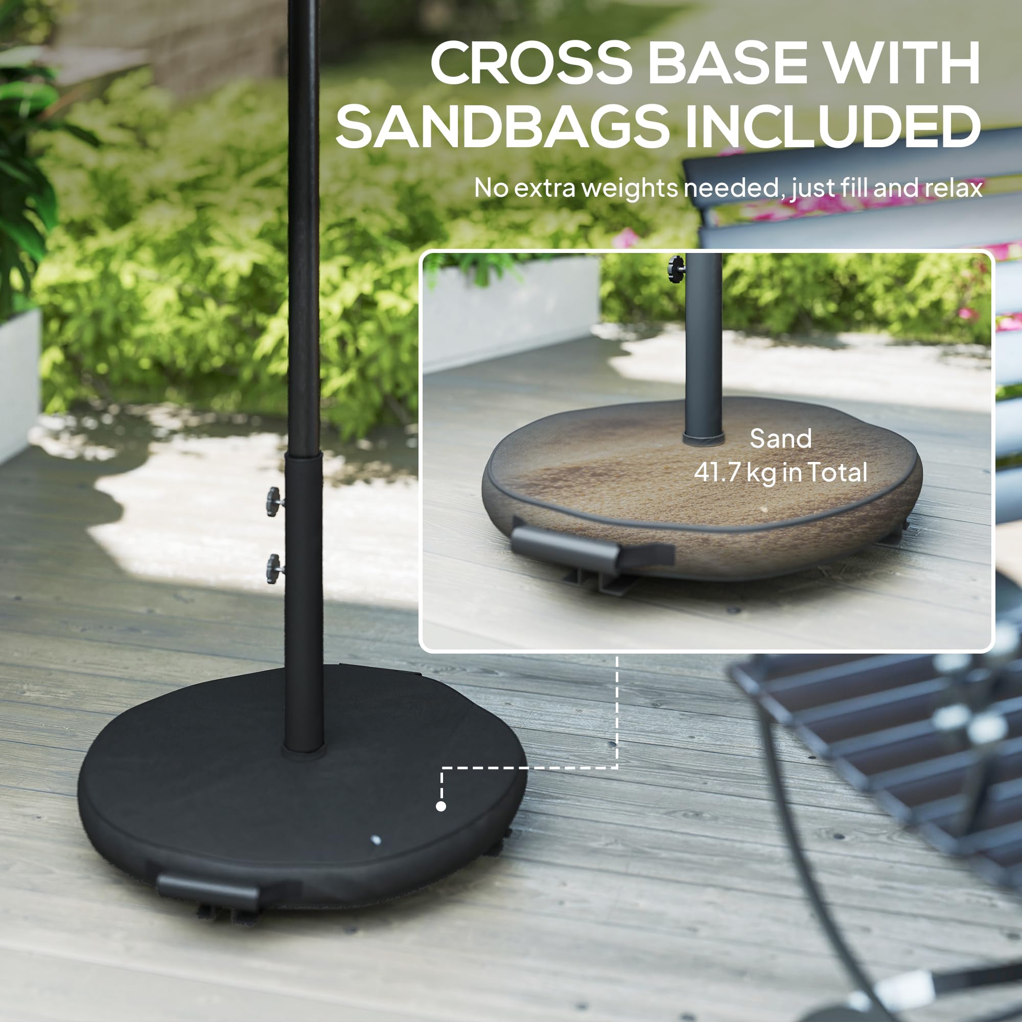 Outsunny 2.7 m Garden Parasol Umbrella with Cross Base and Sandbag, Retractable Ribs, Outdoor Table Market Patio Umbrella Sun Shade with 30 Degree Tilt and Crank, Vent - 4