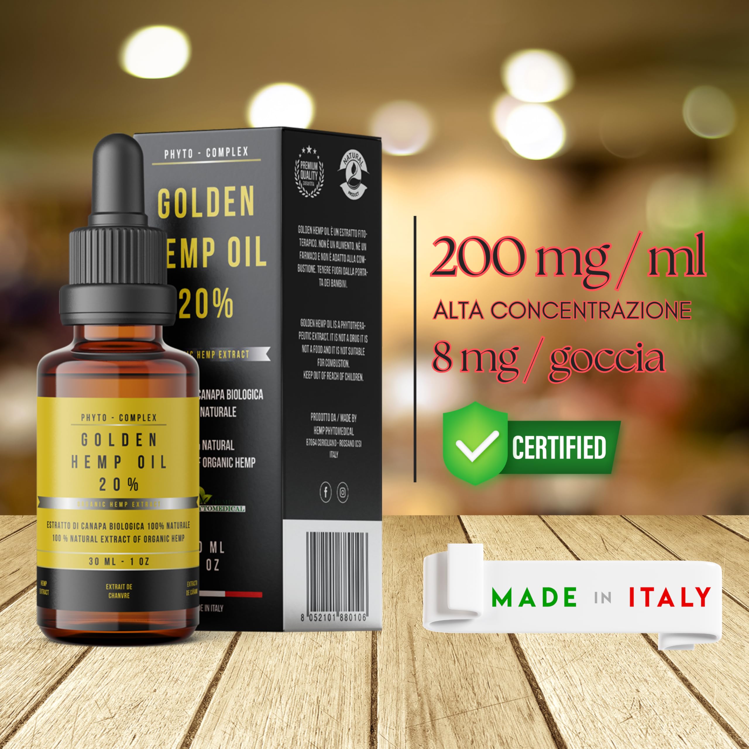 HEMP PHYTOMEDICAL Golden Hemp Oil 20% Olio di Canapa Certificato, 30 ml | Alta Concentrazione, Made in Italy