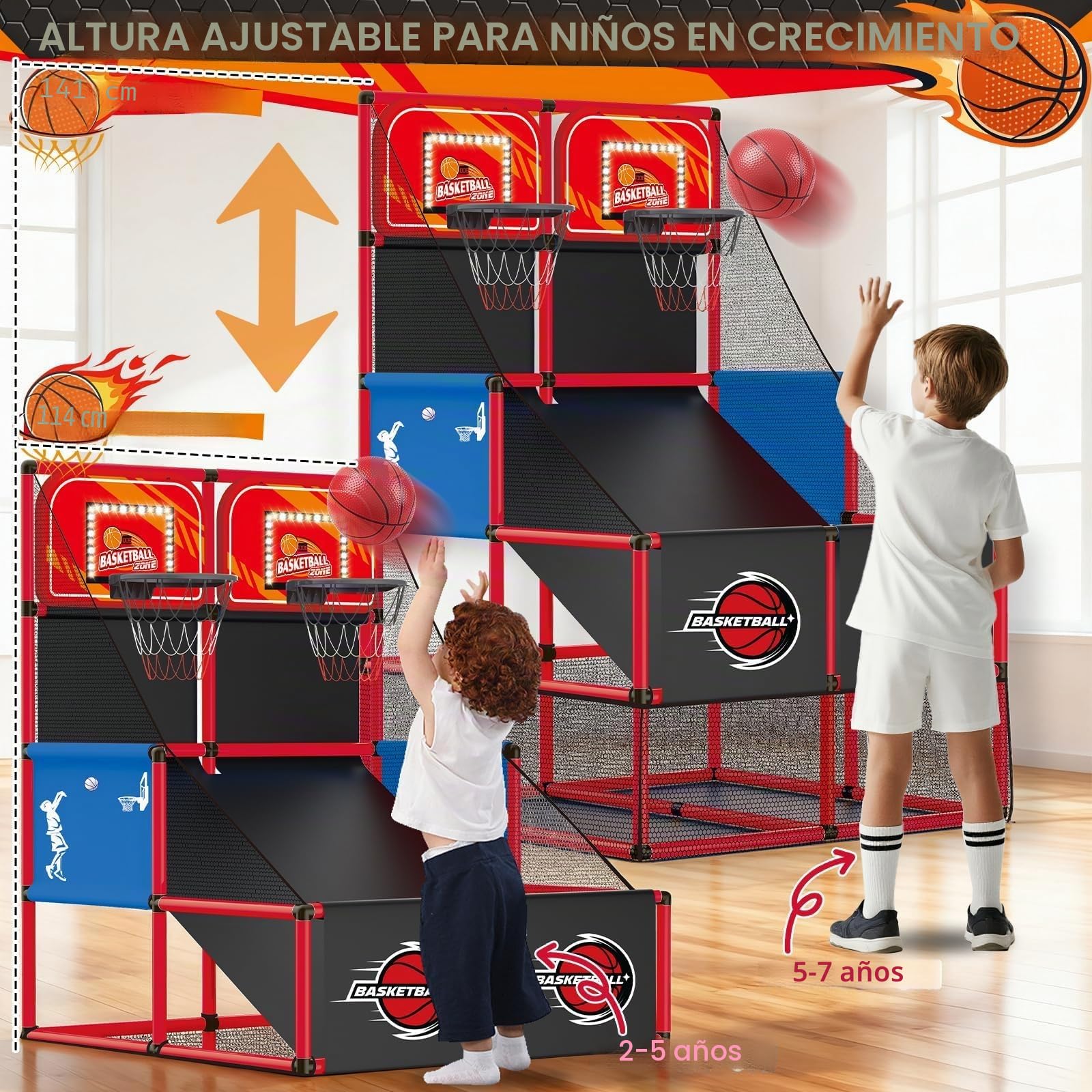 Juego de Baloncesto Electrónico Doble Cesta con Tabla de Puntuación - Cesta de Baloncesto Infantil 6 Bolas - Juguete Deportivo Interior/Exterior Regalo para Niñas Niños 3 4 5 6 7 Años Rojo