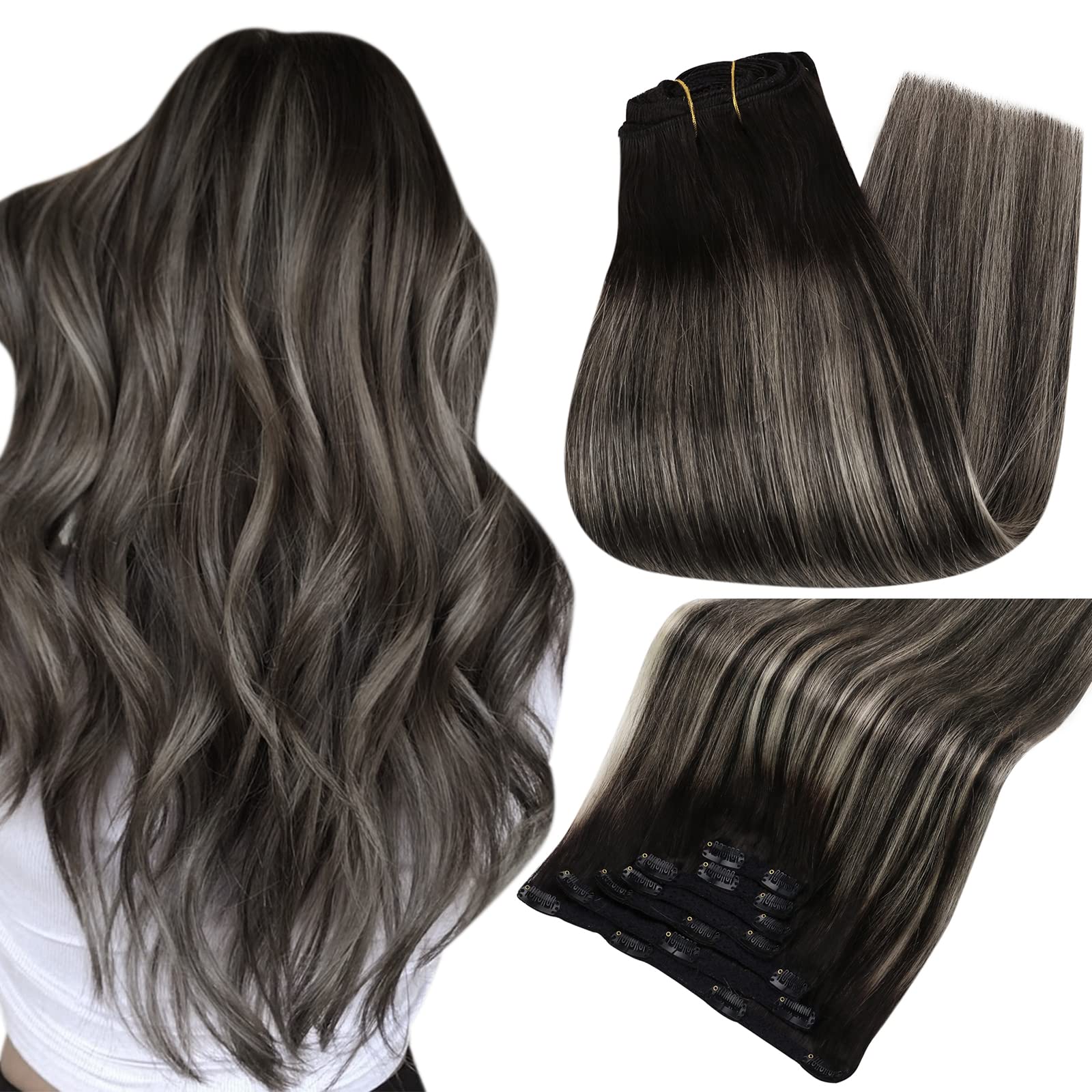 Full ShineClip in Extensions Black Ombre 1b/silver/1b Grey Hair Extensions Clip in Human Hair 22 Inch Clip in Hair Extensions Remy 100 Gram 7 Pcs Long Straight Hair