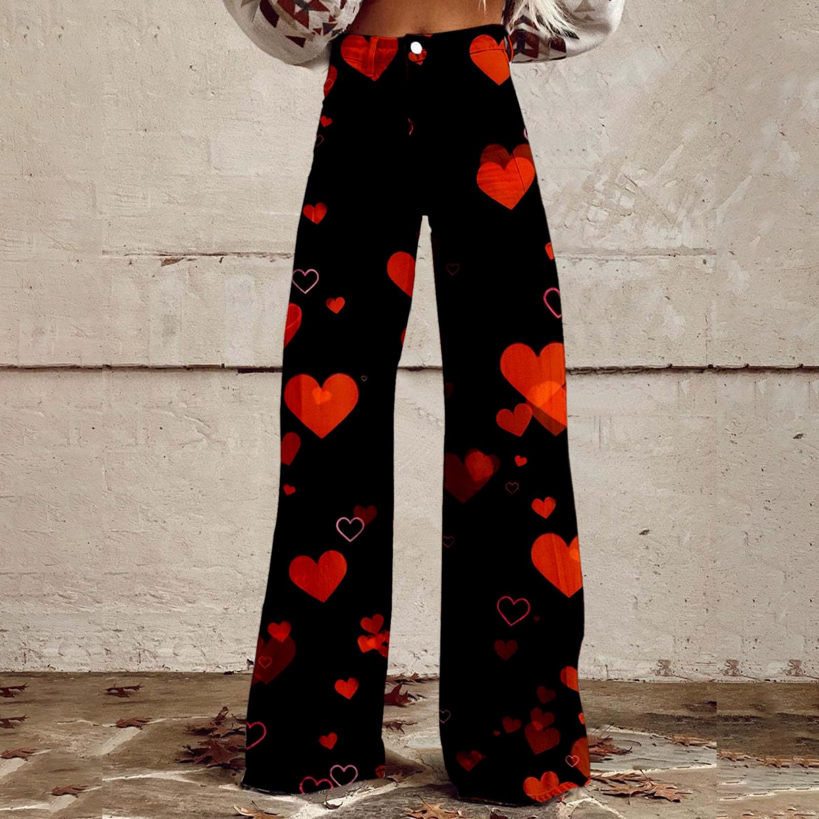 Pantaloni a zampa da donna, a vita alta, larga, in denim, per San Valentino, con stampa amorosa, pantaloni in denim, taglie grandi, extra lunghi, con tasche e bottoni