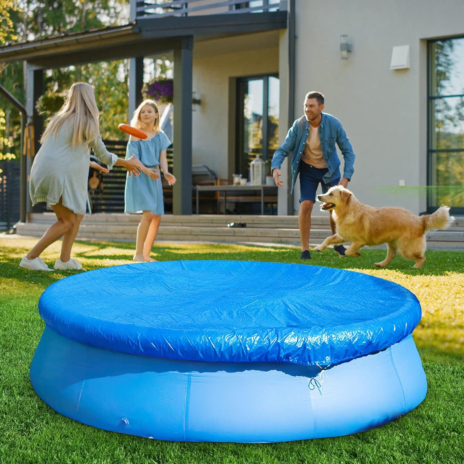 Cubierta de Piscina de Redonda, Funda para Piscina Redonda, Cobertor para Piscinas Desmontables, Cobertor Piscina ø 220 cm, para Piscina diámetro 183 cm, Anti-UV a Prueba de Viento Prueba de Agua