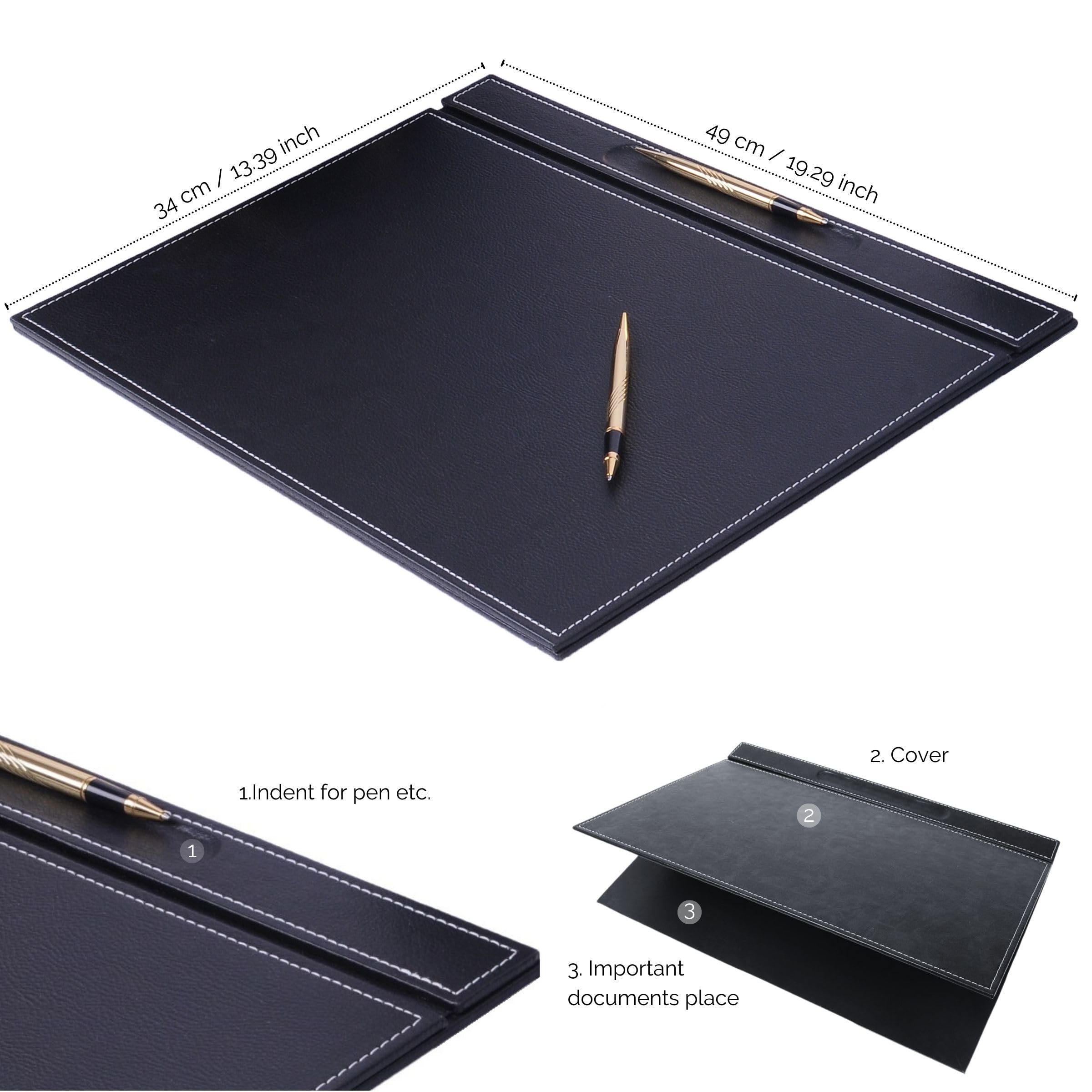 FOGHO 14-Piece Leather Desk Organizer Set, 49x34 cm Desk Pad, Double Document Tray, Pen Holder, Business Card Holder, Phone Stand, Black with Gold Accents 3