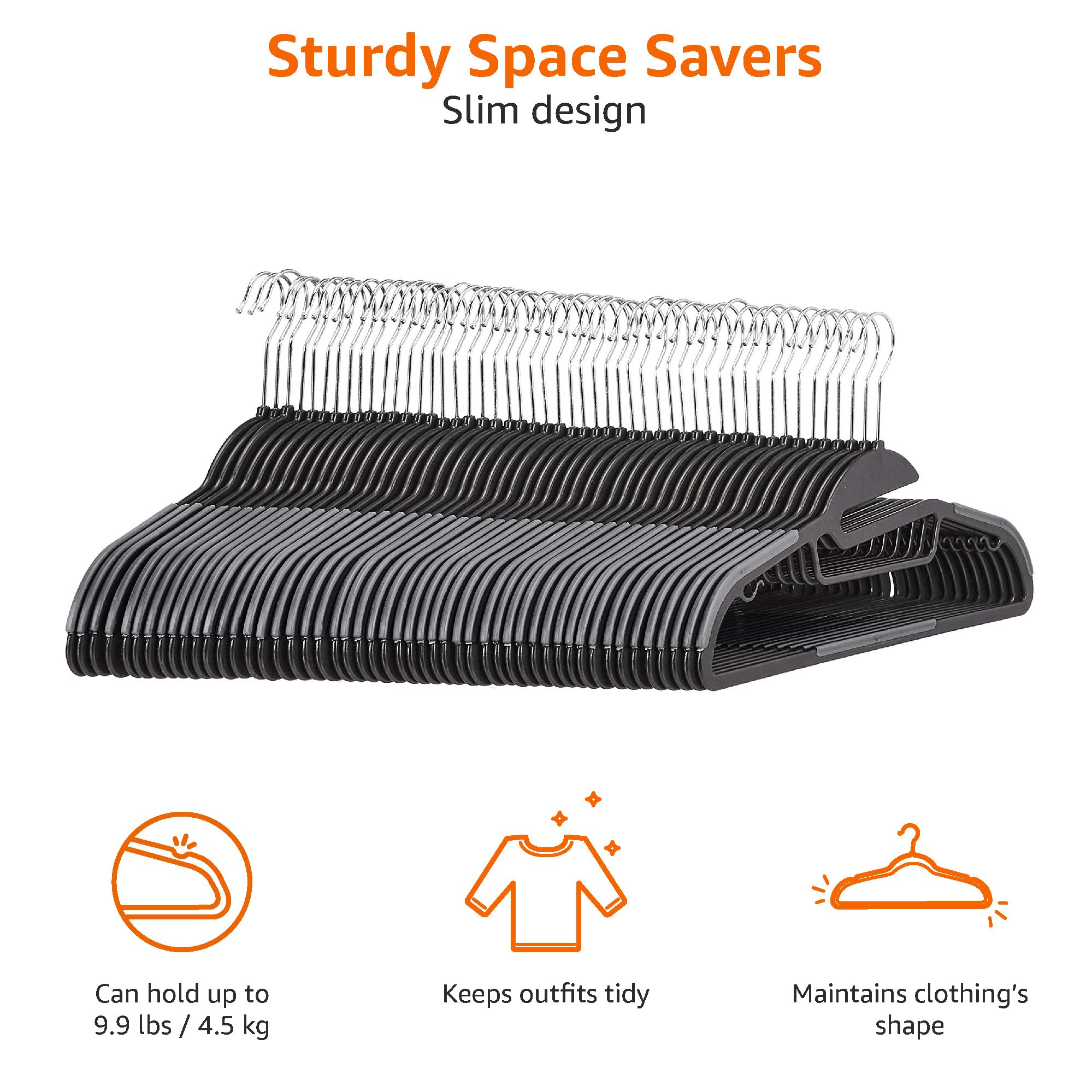 Amazon Basics - Grucce in plastica, antiscivolo, resistenti, con gomma e barra orizzontale, colore grigio, Confezione da 50