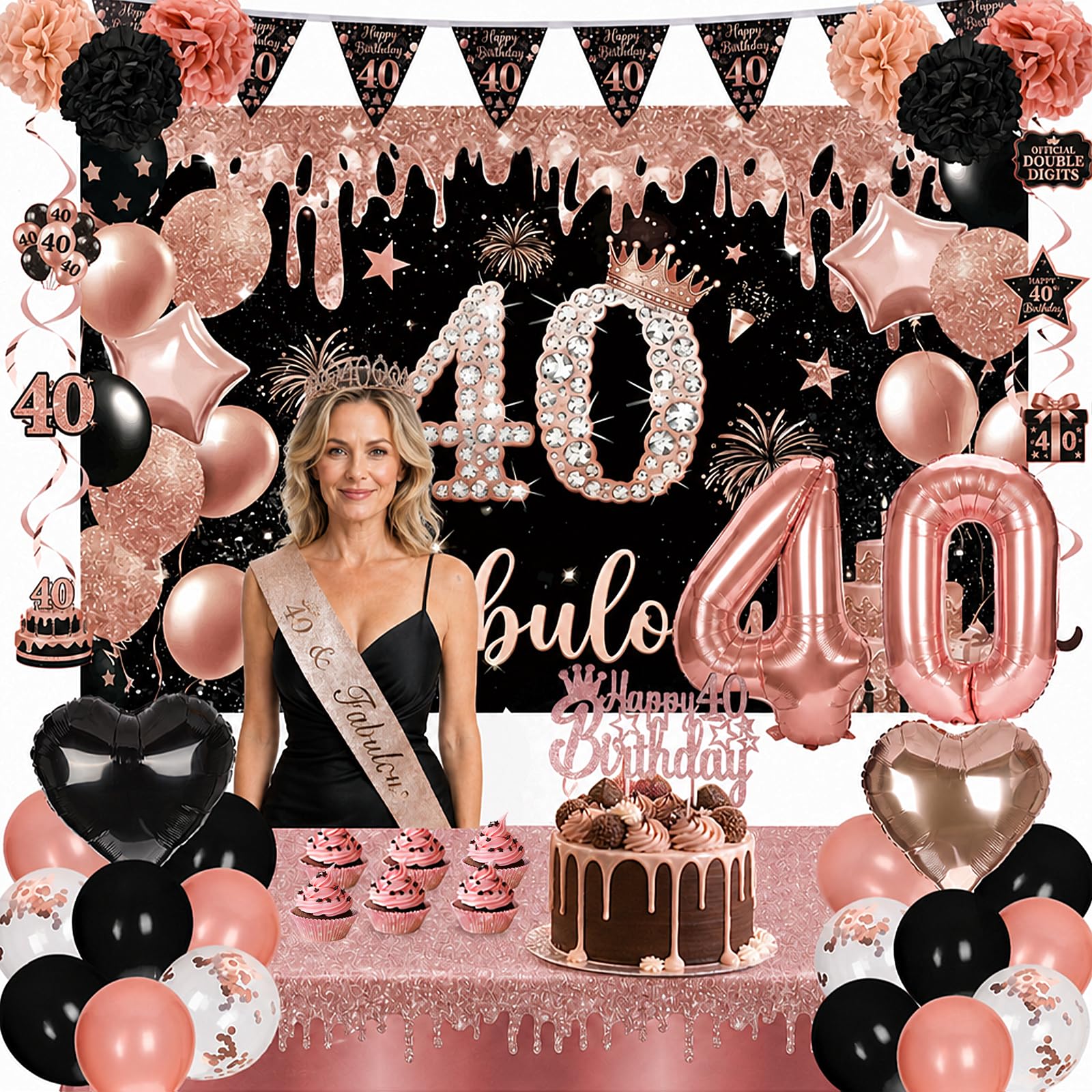 Bafeil 40th Birthday Decorations Black Rose Gold Party Decor Set for Girls