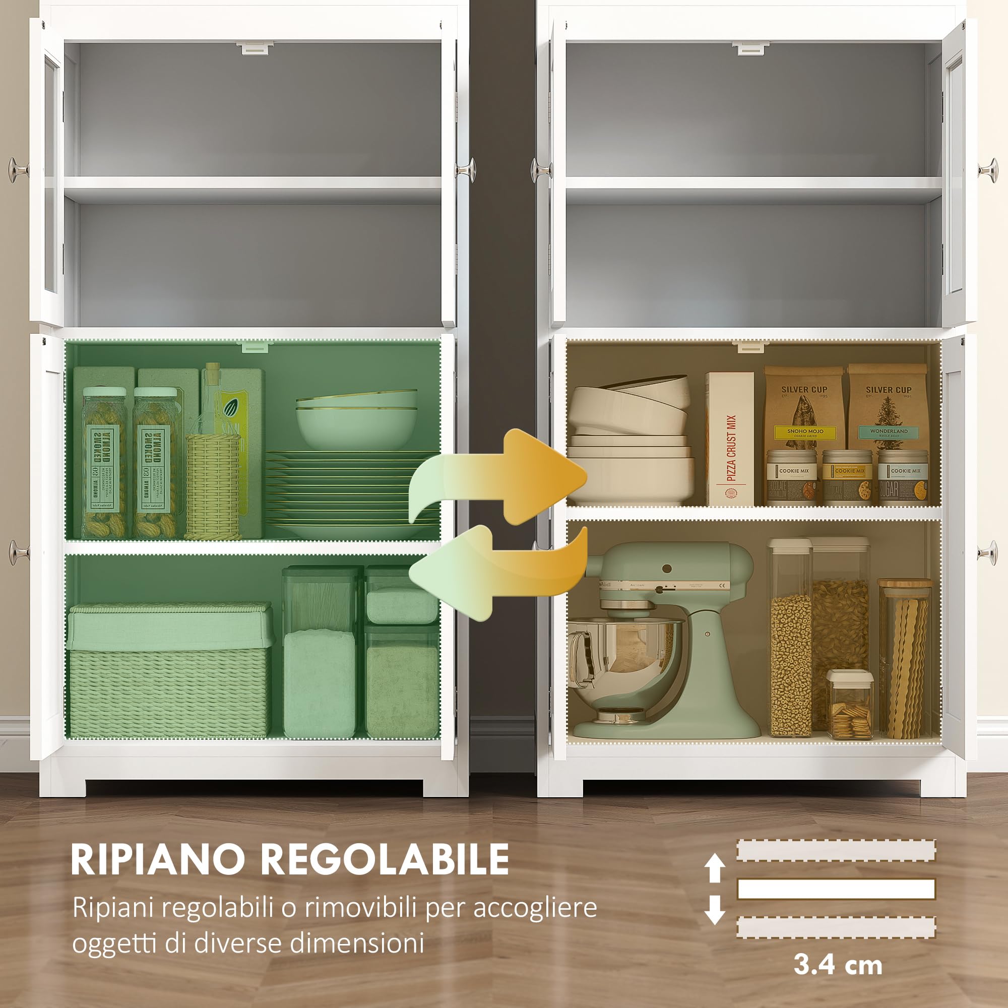 HOMCOM Credenza Cucina con 2 Ripiani Aperti e 2 Armadietti con Ante, Mobile Cucina in MDF e Vetro Temperato, 60x30x162 cm, Bianco
