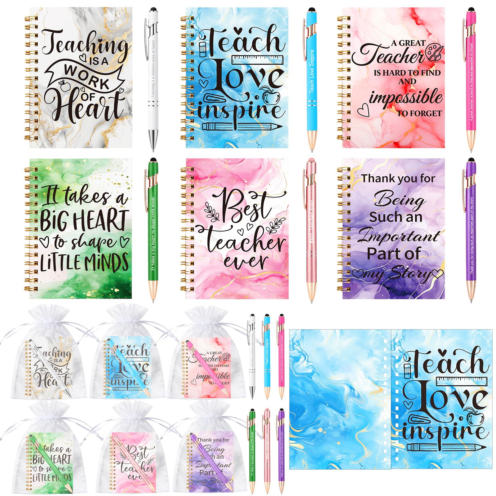 Huiboome 6 Sets Thank You Teacher Gifts for Women Men Teacher Notebook Gift with Pen Organza Bag Colorful Marble Patterns Notebook Teacher Gifts for Nursery,Teaching Assistant,Mentor End Of The Year