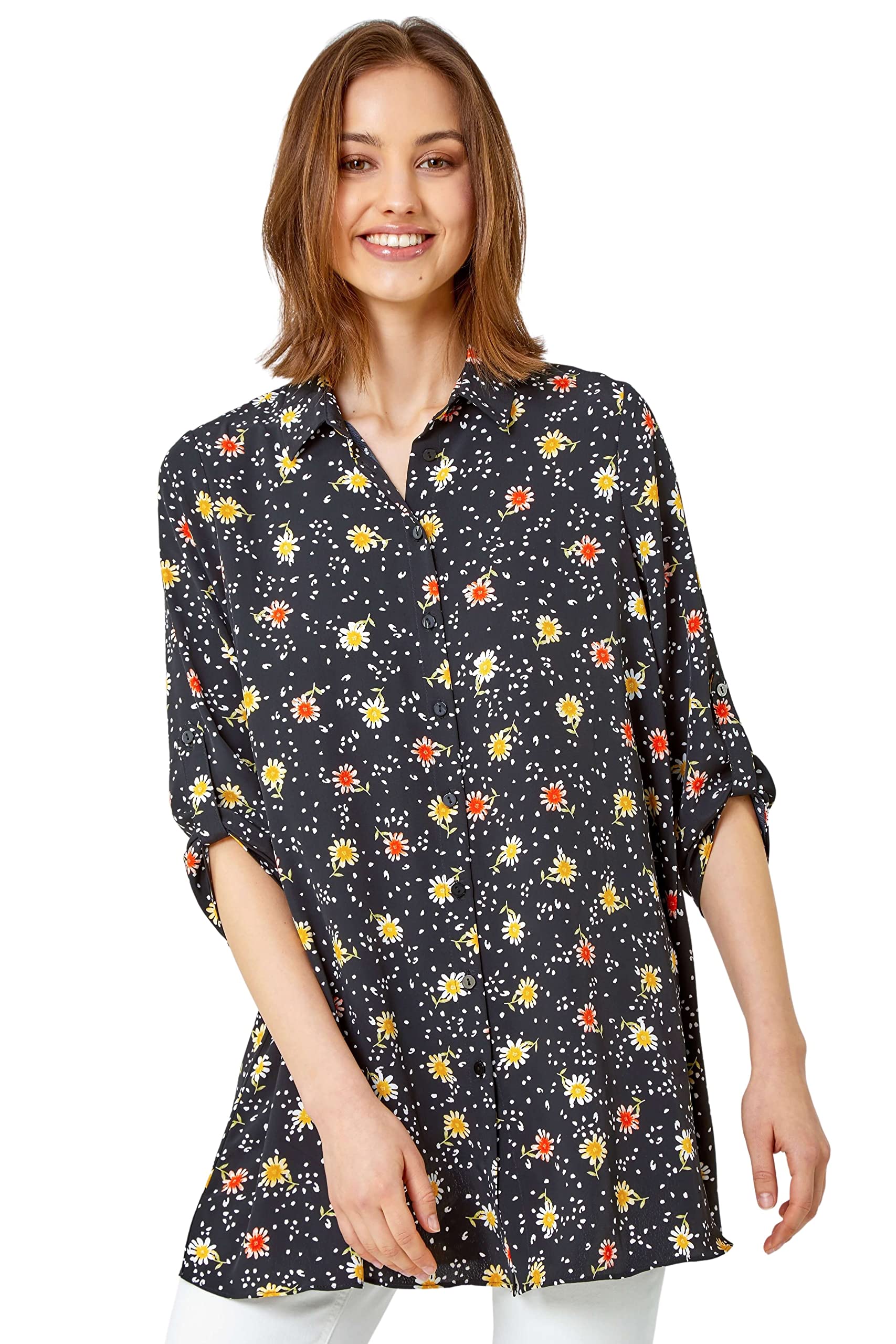 Roman Originals Women's Black Red Shirt For Cotton Blouse Button Through Tunic Printed Top Work Long Sleeve Smart Casual Going Out Work Office V Neck Everyday Evening Event - Size 12