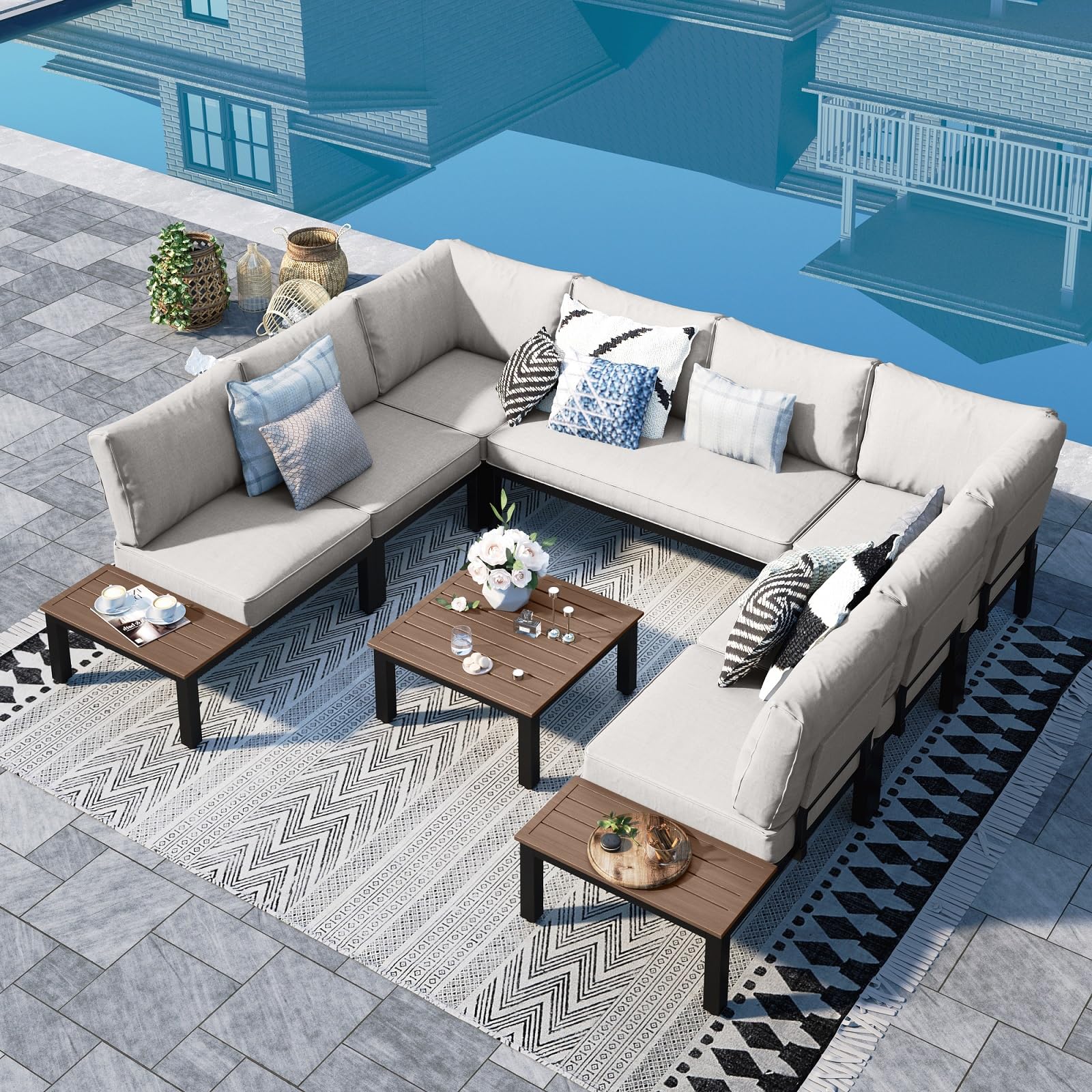 Sophia & William9PCS Outdoor Patio Furniture Set, Metal Sectional Sofa Set Patio Conversation Set with Beige Cushions-2 x Single Sofa with Side Table, 4 x Single Sofa, 1 x Loveseat, 1 x Tea Table