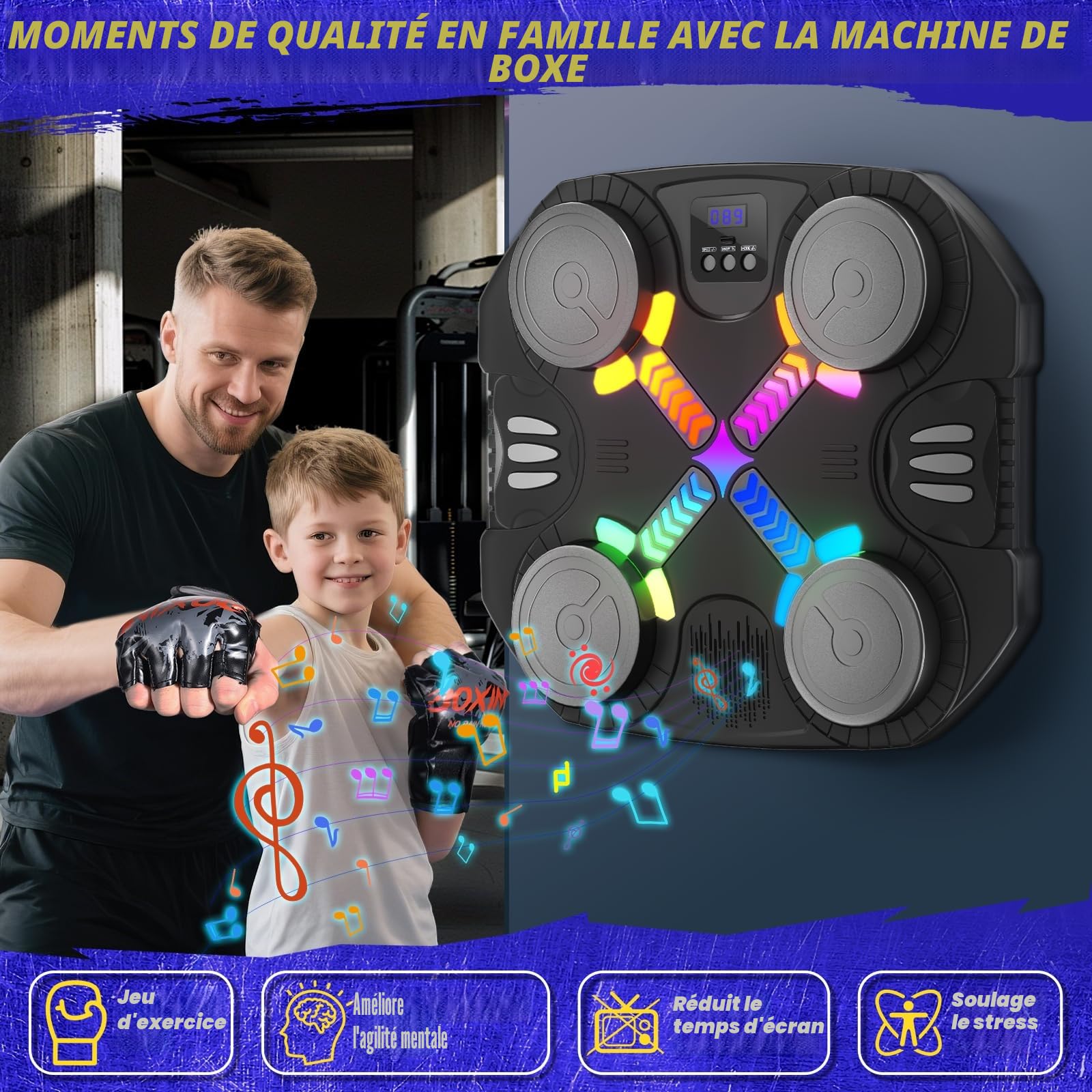 Esnowlee Machine de Boxe Musicale Jouet de Sport pour Enfants - Cible Bluetooth Murale avec lumières et Son, Cadeau pour garçons et Filles âgés de 3 à 12 Ans (Noir)