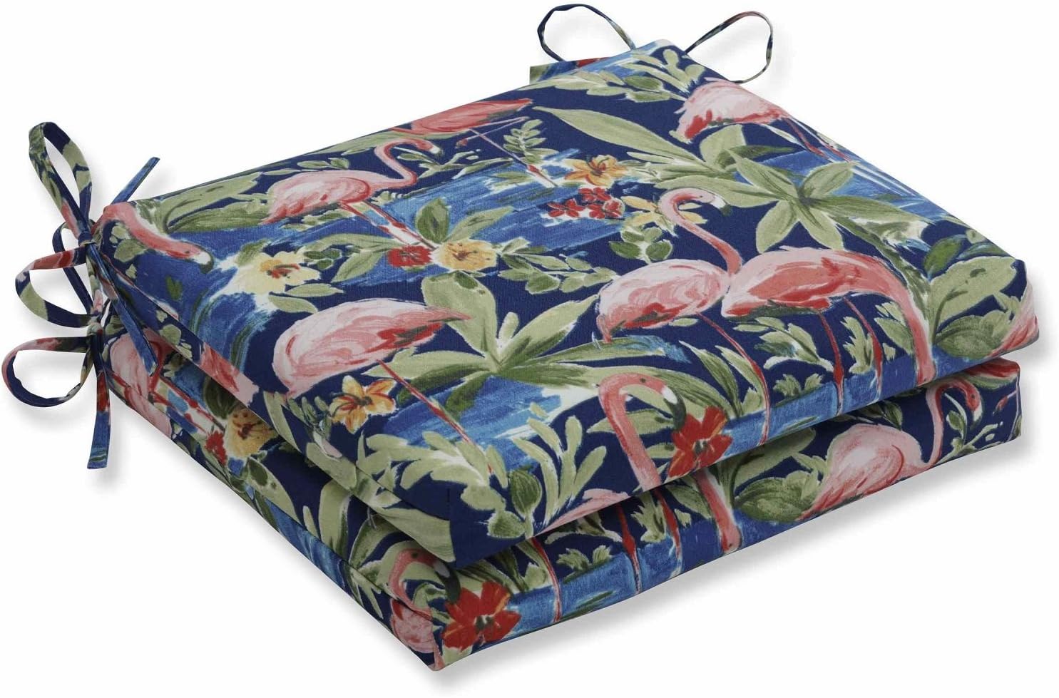 pillow perfect tropic floral indoor/outdoor chair seat cushion with ties squared corner, plush fiber fill, weather, and fade resistant, 16" x 18.5", blue/green flamingoin 2 count 16" x 18.5" blue/green flamingoin