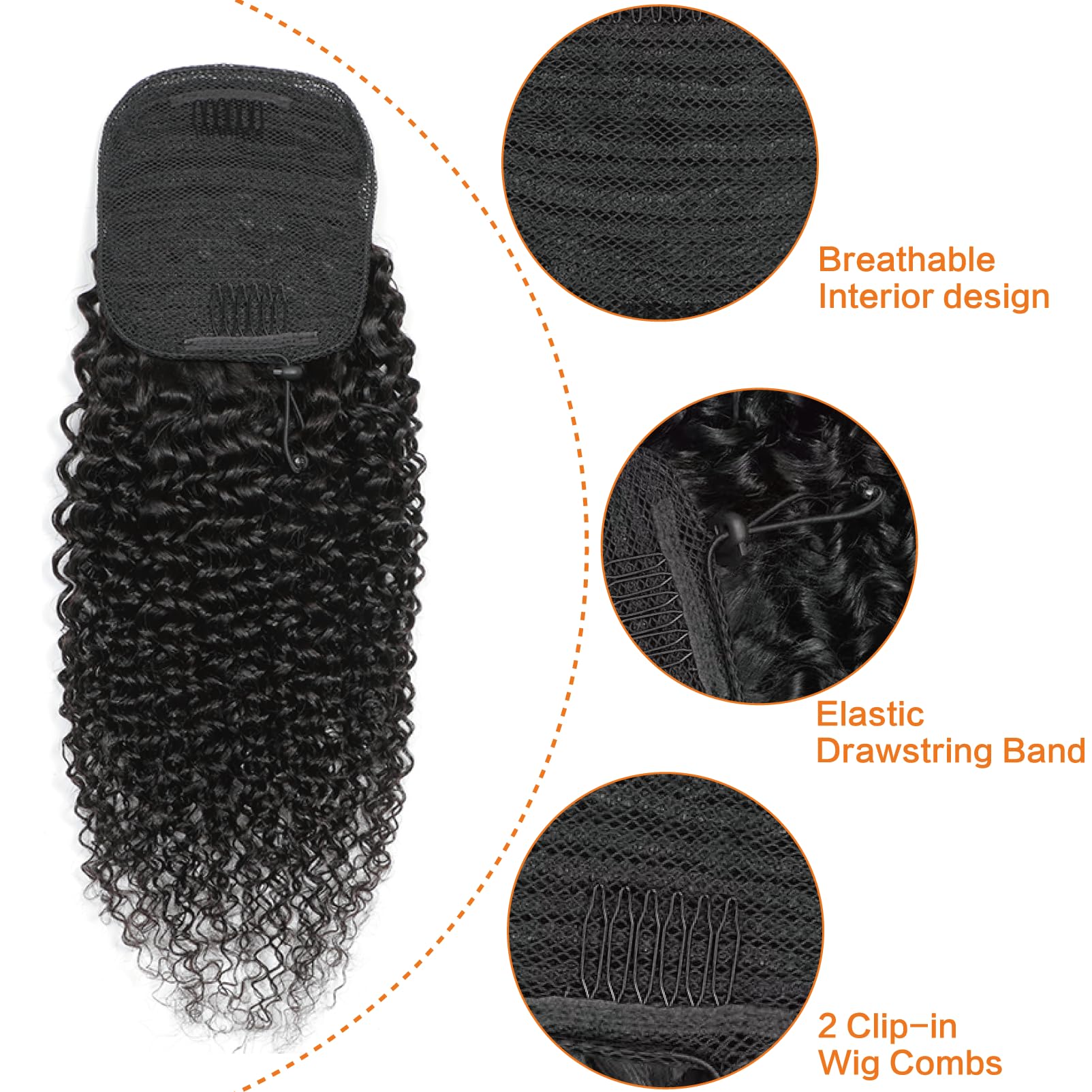Yacurcur Kinky Curly Ponytail 10A Brazilian Virgin Human Hair for Women 4C Curly Ponytail Extension Drawstring Ponytail Natural Black 20 Inch - Image 3