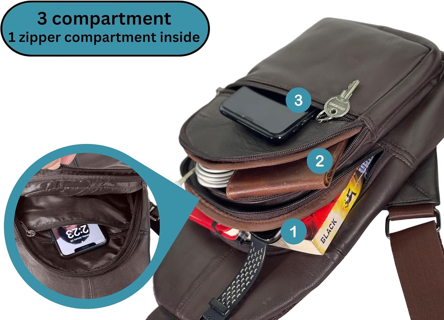 Bullz Crossbody Backpack Travel Hiking Chest Bag Daypack Leather Sling Bag for Men and Women (Brown) - Image 3