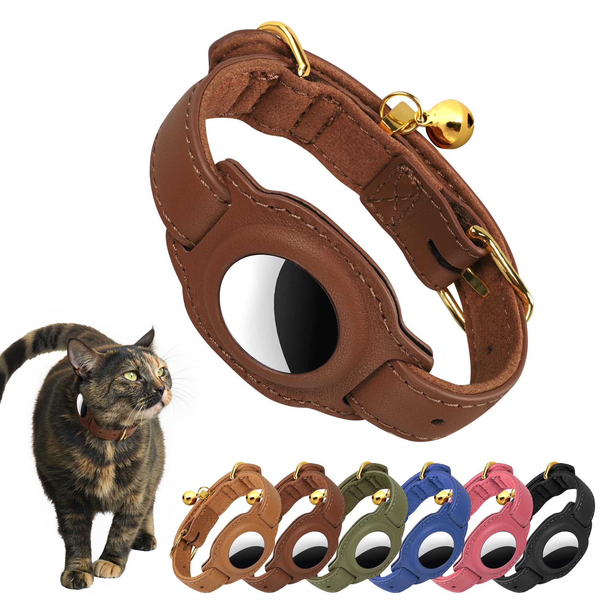 AirTag - Collar de gato con campana y forro de tela, collar de cuero para mascotas, collar de gato de cuero no separable con soporte para AirTag, collares GPS para gatos y gatos (marrón)
