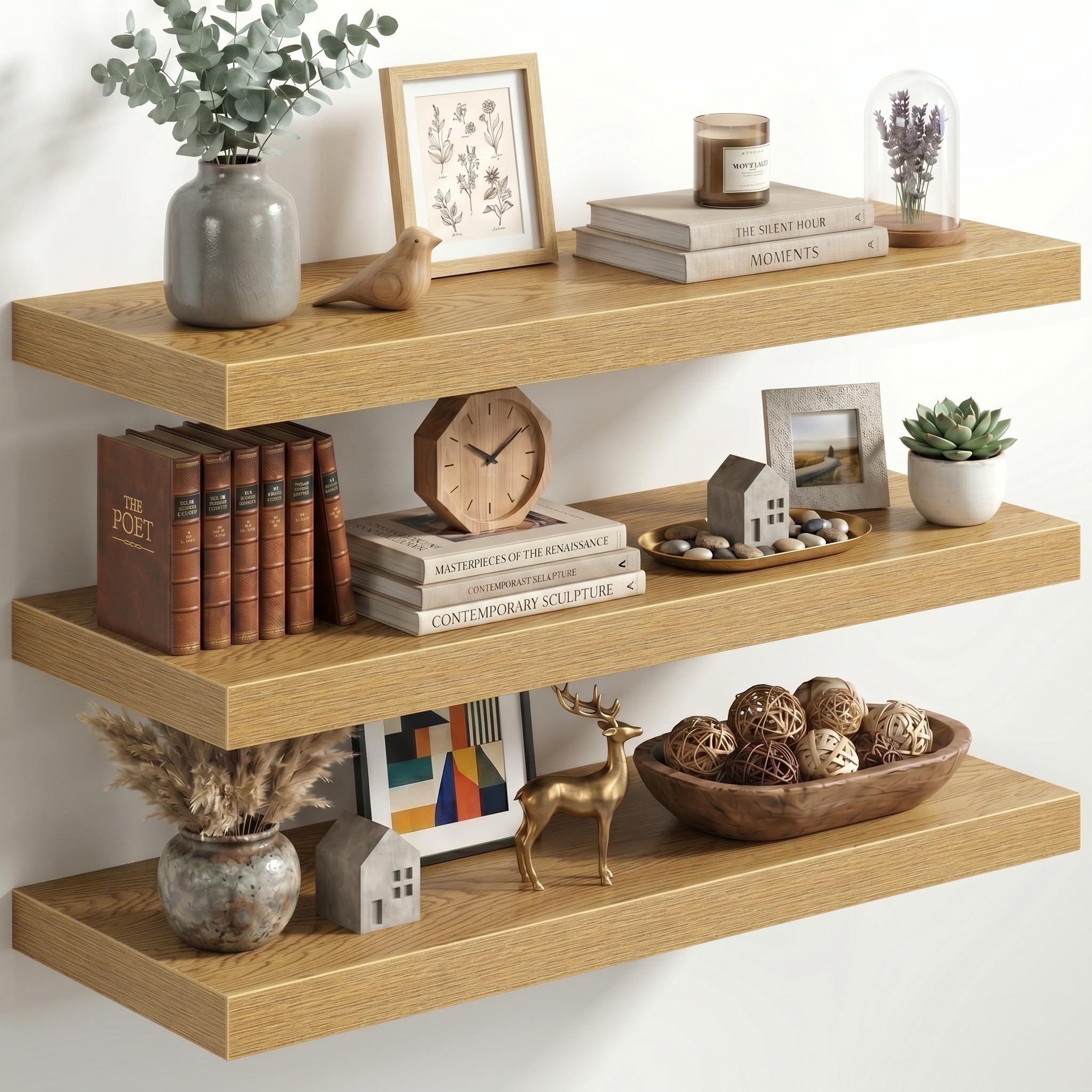 Fun Memories 32 Inch Floating Shelves for Wall, 12" Deep Large Wall Mounted Wood Shelves with Invisible Bracket, Rustic Oak Floating Shelf for Bathroom Over Toilet Kitchen Living Room, Set of 3