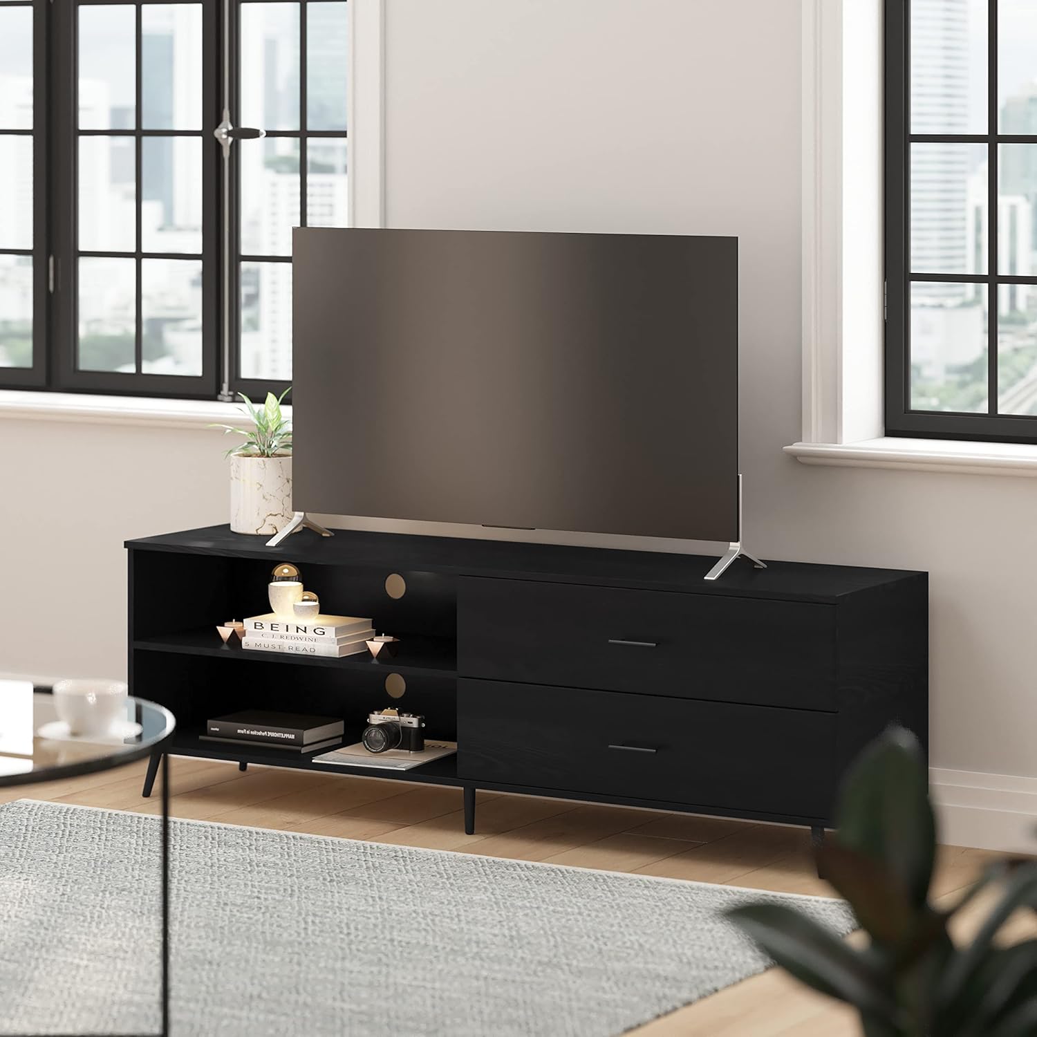 Taylor & Logan June 65" Mid Century Modern Media Console with Adjustable Shelf and Storage Drawers, Black