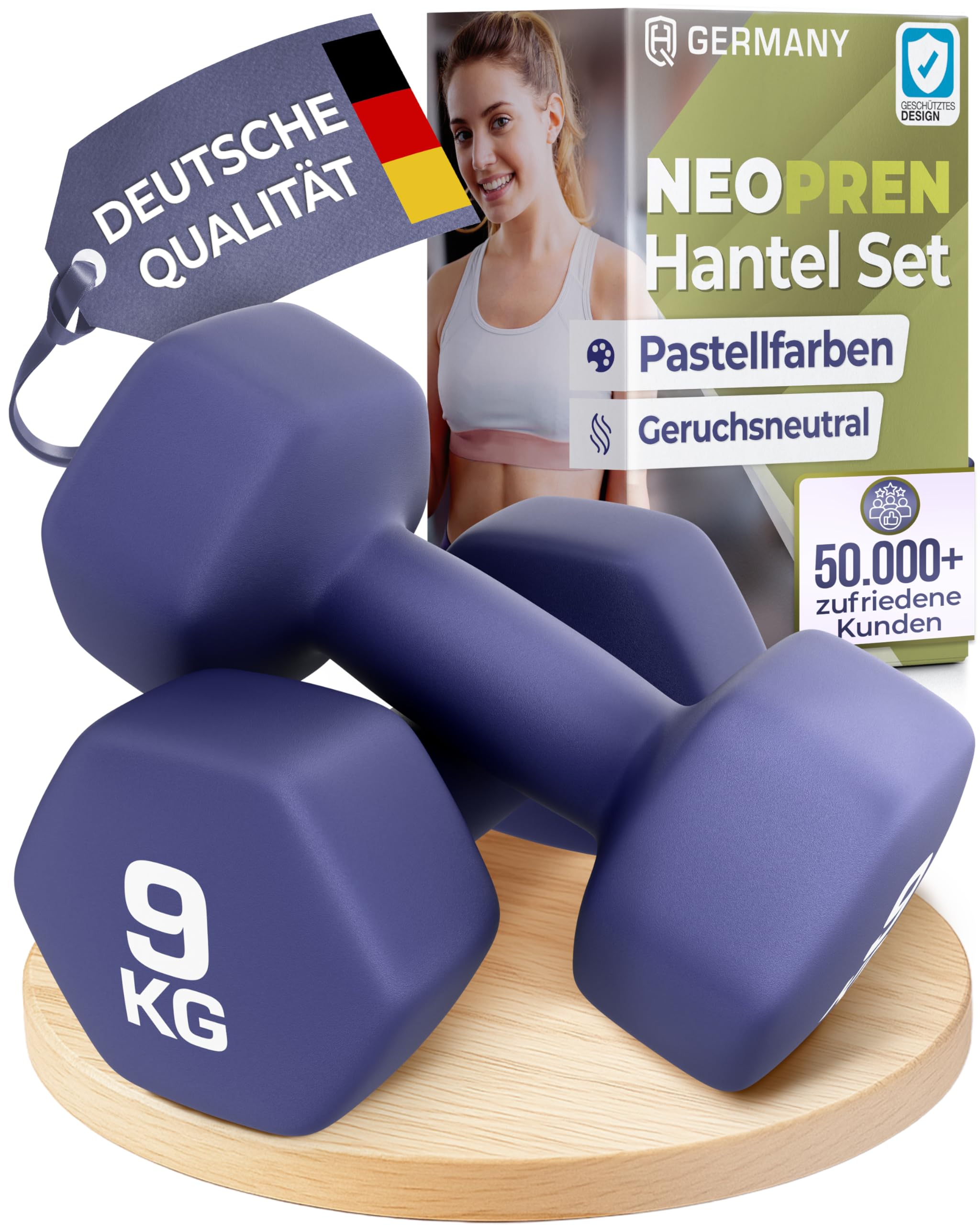 HQ Germany® Hanteln Set [geruchsfreie Pastellfarben] - Hanteln 9kg - 2 Stück für Pilates und Kraftraining, Hantelset Home Gym, Dumbbells, Gewichte Hantel, Hantel Set, Kurzhanteln, Handeln für Frauen