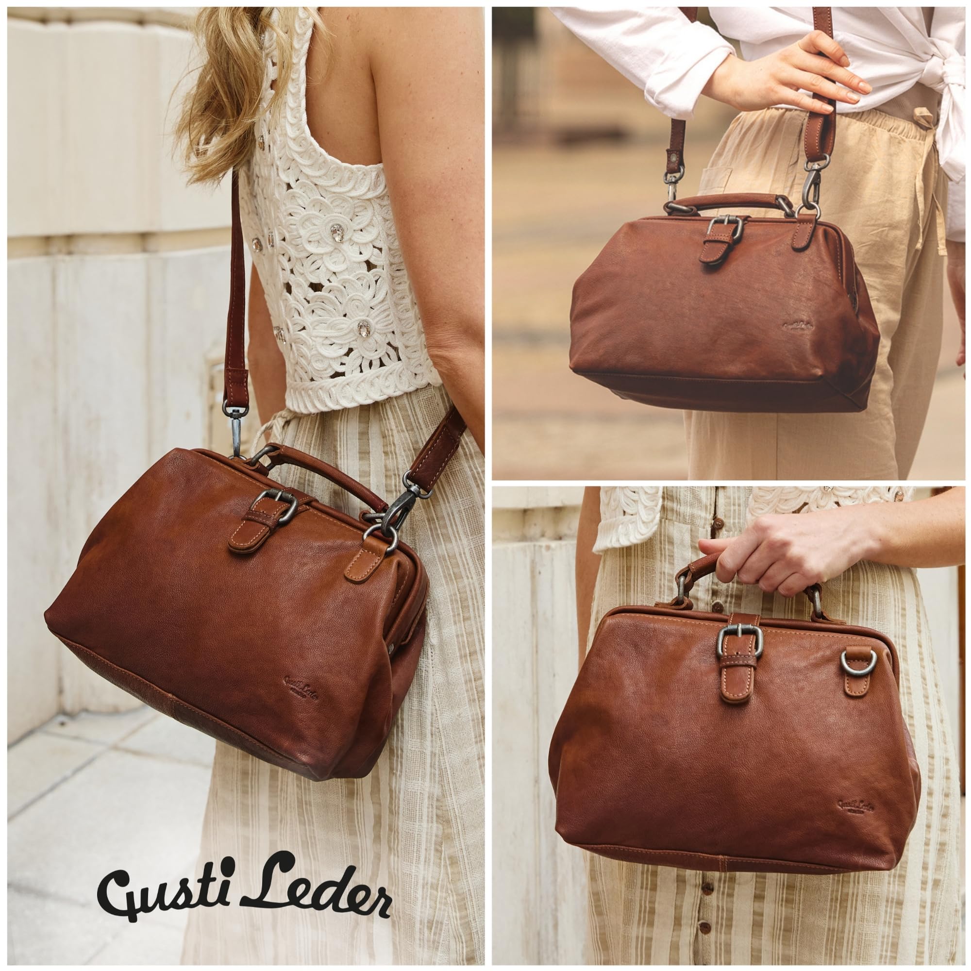 Gusti Bandolera de Cuero - Lillith vintage Bolso de mano Maletin Bolso médico Cuero marrón oscuro