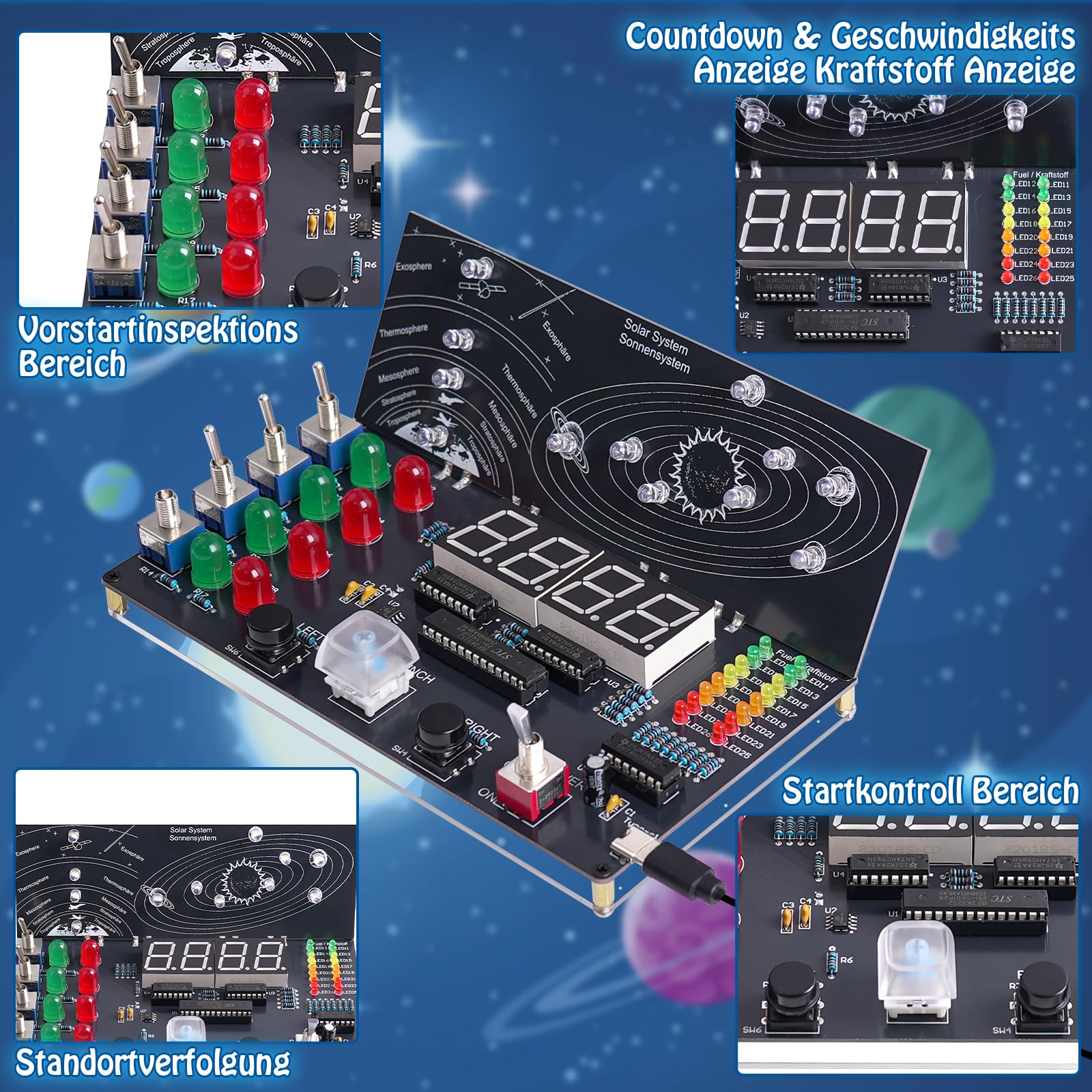 ICrduioo DIY Raumschiff Kontrollzentrum Löt Bausatz, LED Elektronik Bausatz Simulierter Raketenstart Lötset für Mint Fächer und Enthusiasten Löten Lernen Astronomiestudium - 4