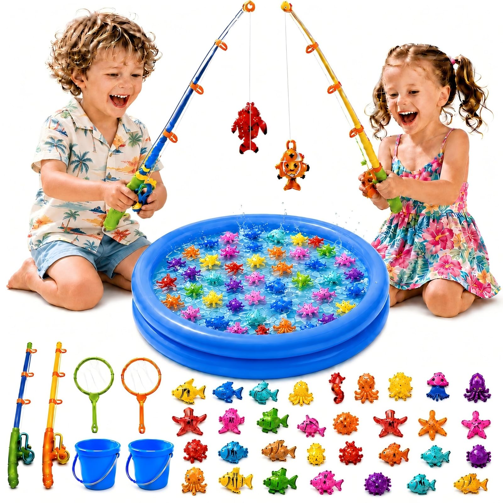 Wasserspielzeug Kinder Outdoor Angelspiel für Kinder ab 3 Jahre Badewannen Spielzeug für Kinderpartys mit Fischteich 2 Angelruten & Netz Geschenke für Kleinkinder im Alter von 3 bis 6 Jahre