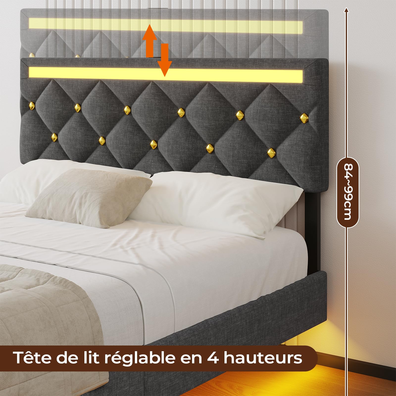 DICTAC Lit 140x190 avec LED, Cadre de lit 140 x 190cm avec Éclairage LED et 1 USB-A + 1 USB-C, Tête de Lit Réglable et Rembourrée - Lit Flottant avec Sommier, Capitonnage Lin Gris