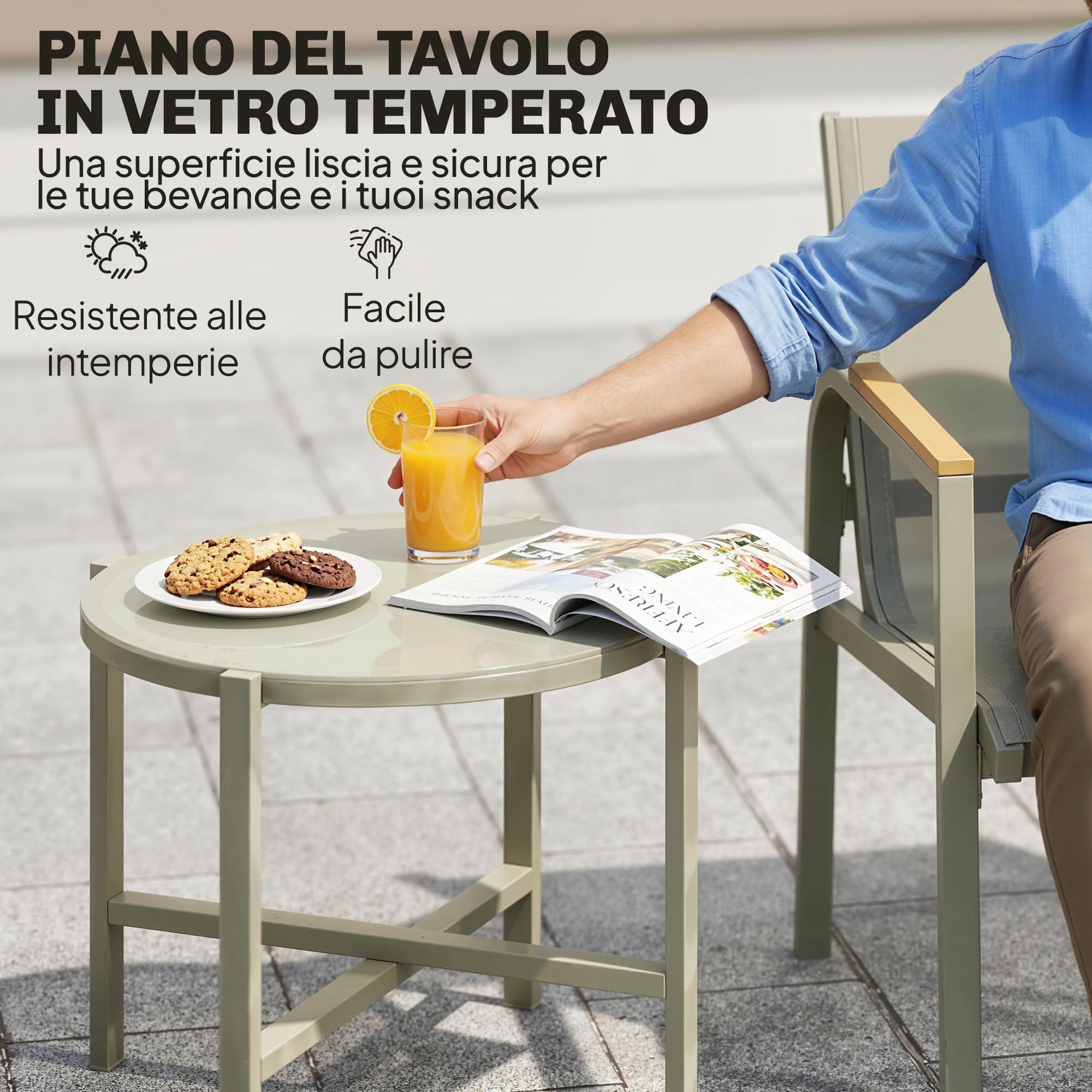 Outsunny Set Salotto da Giardino 4 Pezzi, Divano 2 Posti, Poltrone, Tavolino Vetro Temperato, Metallo, Verde