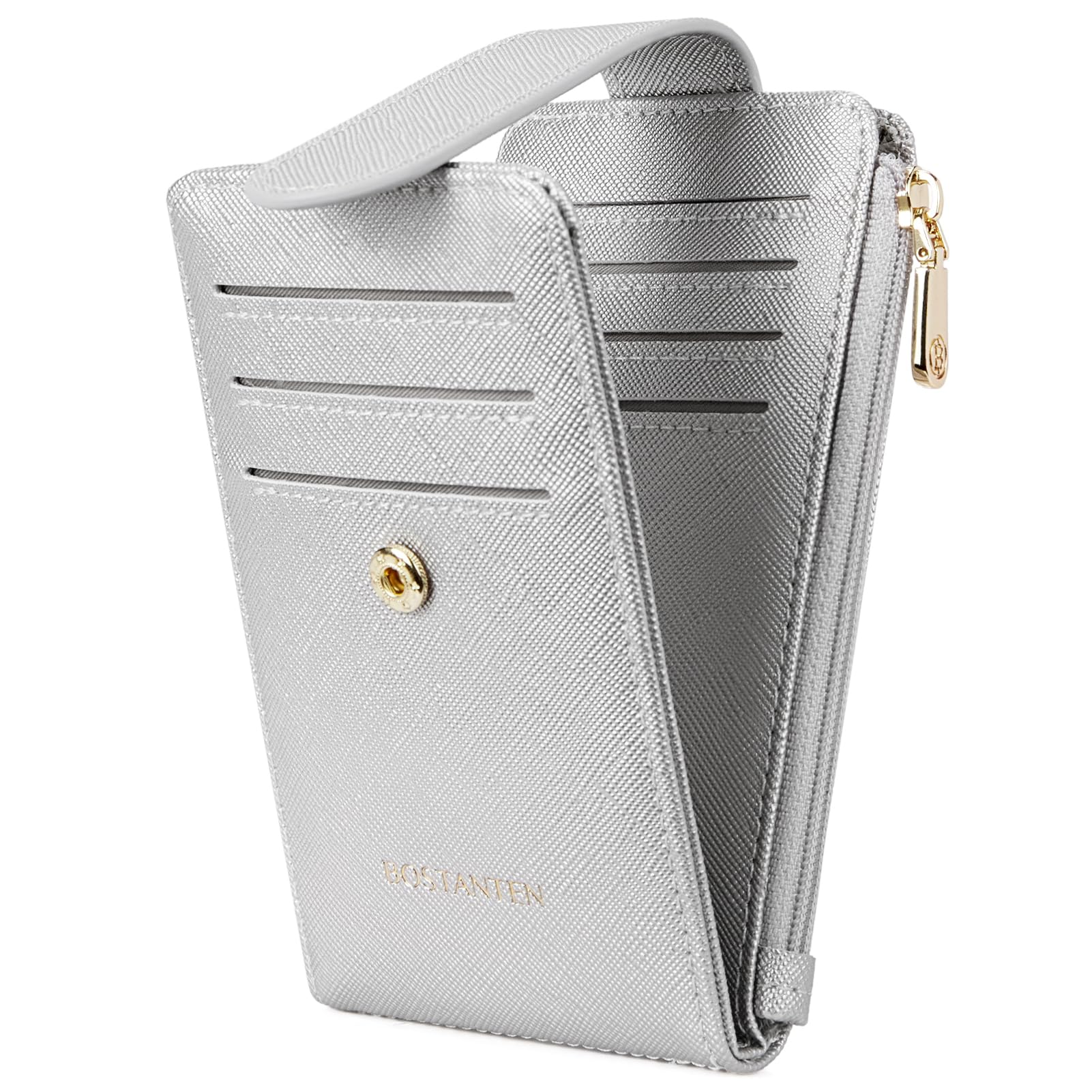 BOSTANTENSlim Wallet Women RFID Blocking Card Holder Leather Bifold Wallet with Zipper Pocket Silver