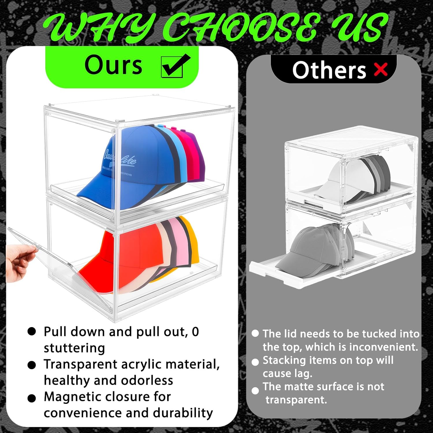 2 Pack Hat Organizer for Baseball Caps, Stackable Clear Baseball Hat Organizer with Sliding Tray, Acrylic Hat Display Case with Magnetic Door, Hat Holder Box for Closet, Holds 6-10 Hats Each