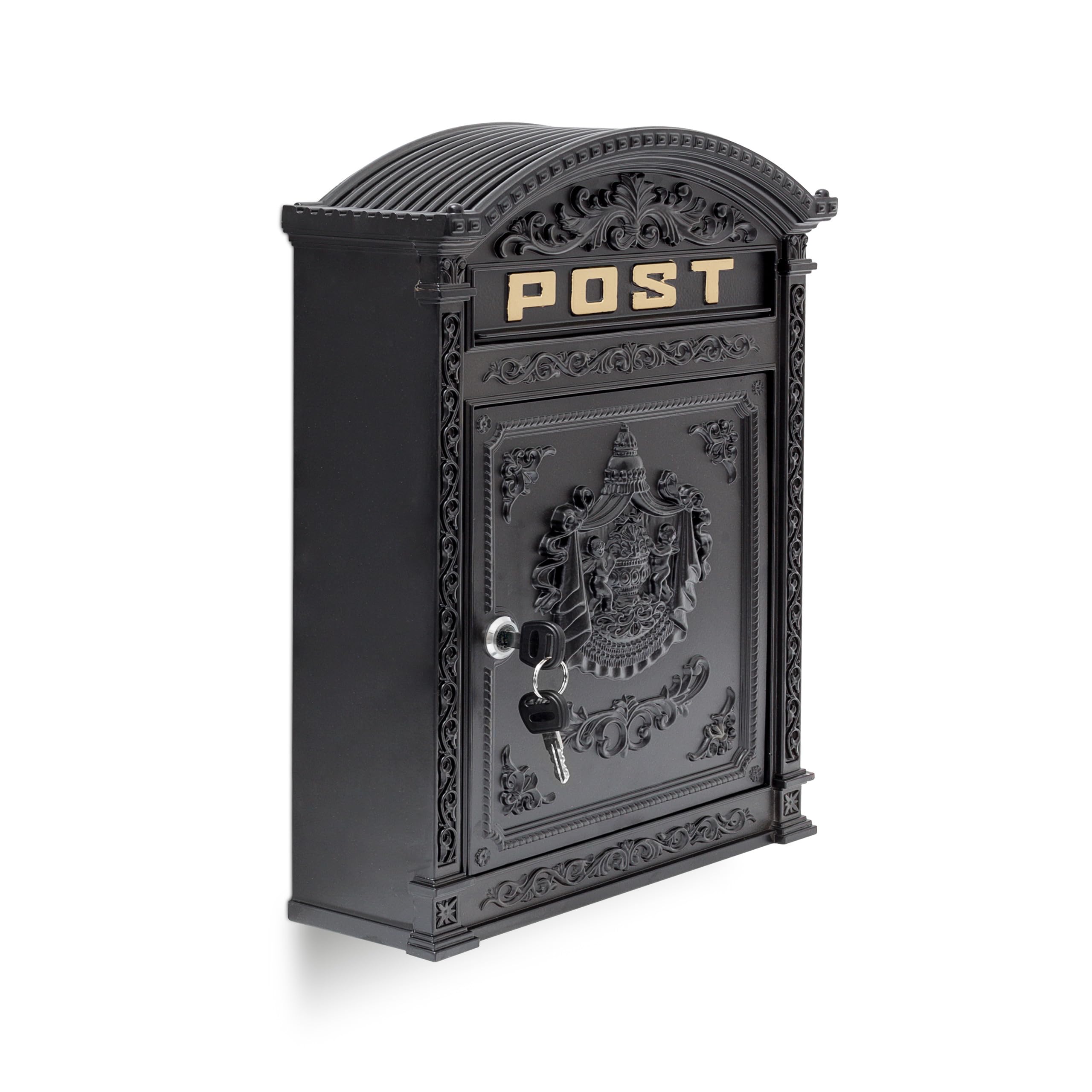 Relaxdays 10020107_46 Boîte aux Lettres Murale Vintage nostalgique Style Ancien en Fonte Aluminium HxlxP 44,5 x 31 x 9,5 cm toît Rond, Noir
