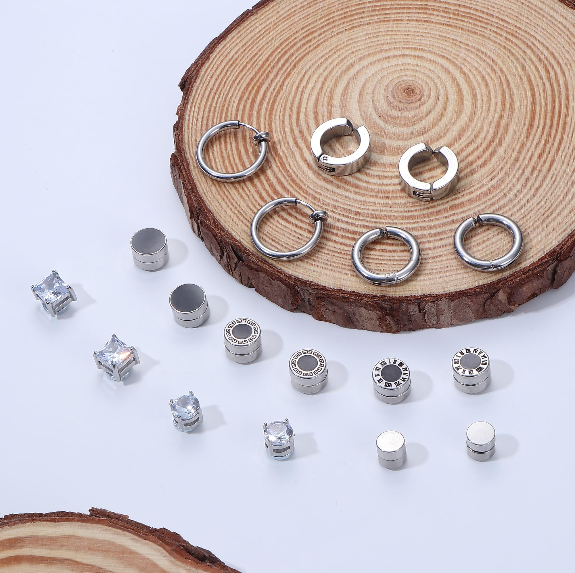 MILACOLATO 9 paia Orecchini Magnetici per Uomo Donna Argento Non Forato 316L Orecchini Magnetici in Acciaio Inossidabile CZ Magnete clip su Orecchini Finti Set Nero/Argento