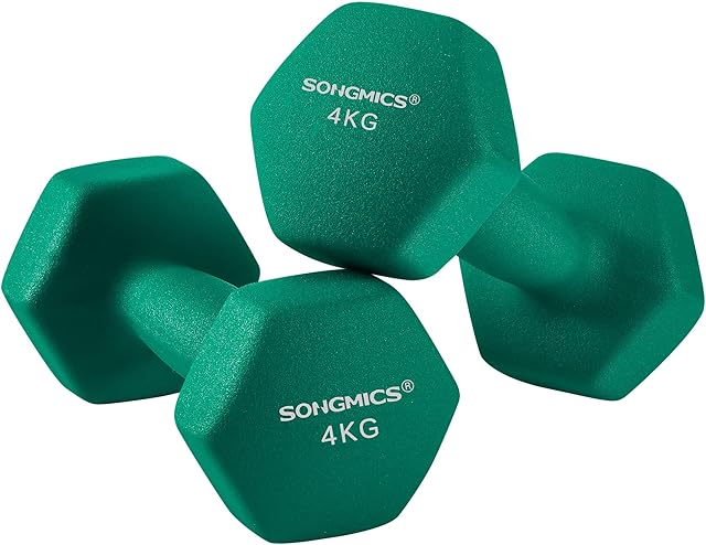 SONGMICS Zestaw 2 hantli gimnastycznych, 2 x 4 kg, z matową powłoką z neoprenu, do studia fitness, antypoślizgowe, 20,5 x 9, zielone SYL68GN