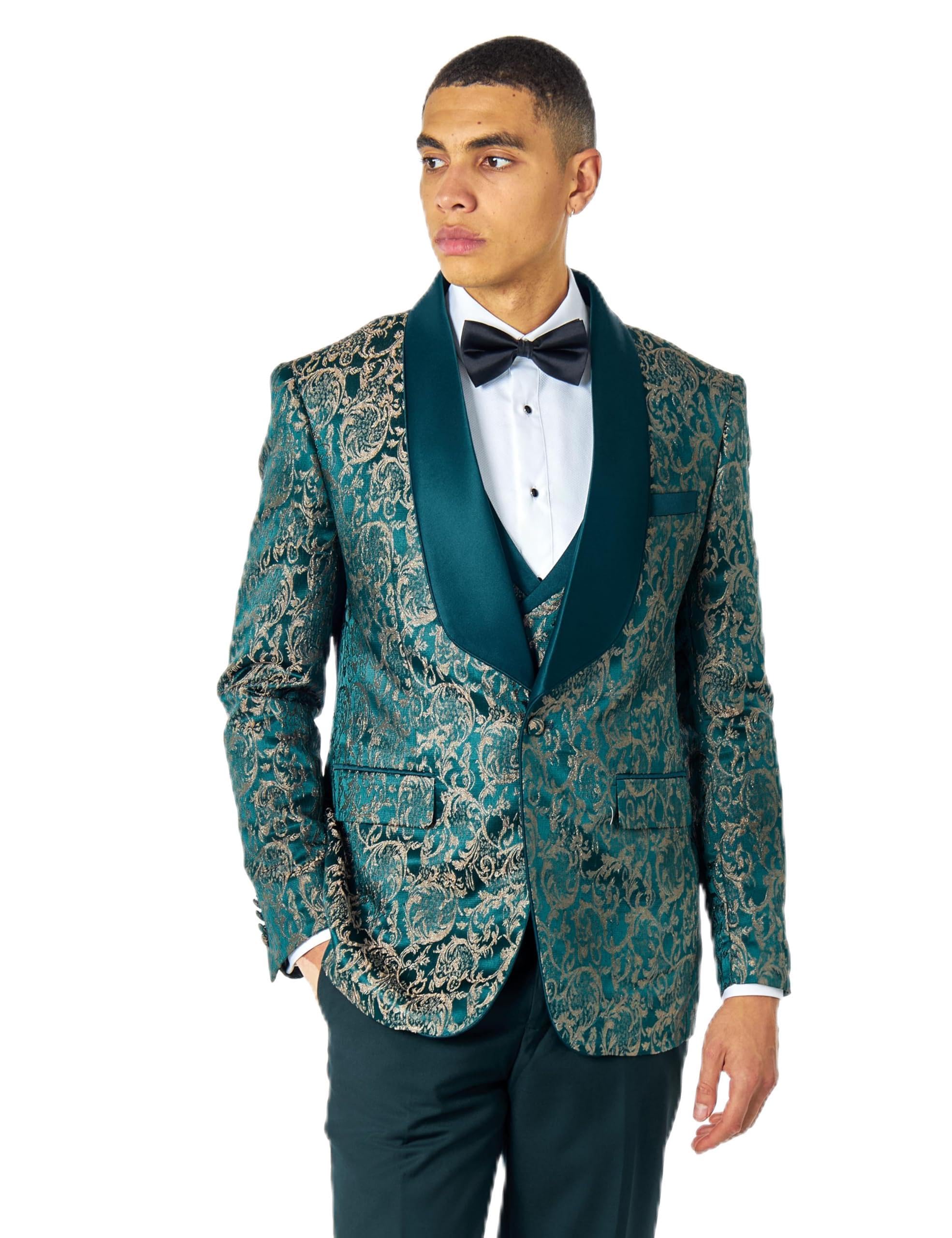 Xposed Men's Emerald Green Green Dinner Tuxedo Jacket Gold Jacquard Print Wedding Party [Blz-V8231-A18-Louis-Green, Uk/Us 52 Eu 62]