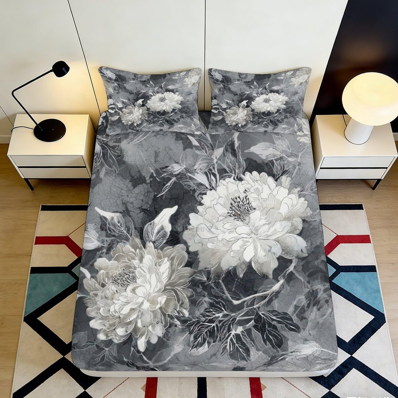 3D Printed Monochrome Floral Fitted Sheet Microfiber Soft Large Peony Bed Sheet for Bedroom Dorm Mattress Cover 90x200x25cm