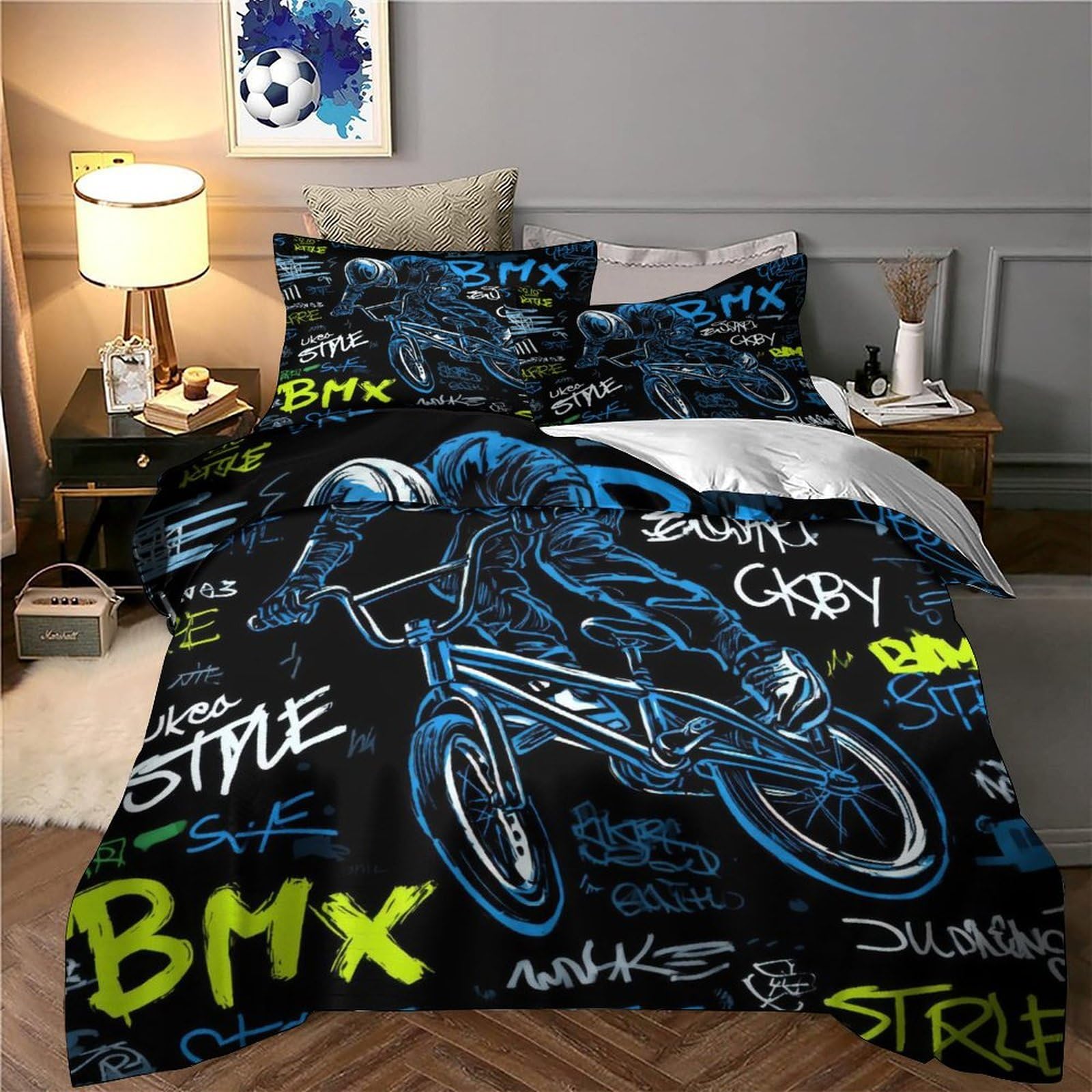 Housse de Couette BMX Imprimée 3D Graffiti Microfibre Décor Chambre Ensemble de Literie BMX Graffiti pour Ados Doux Respirant Cadeau Dortoir King（220x240cm）