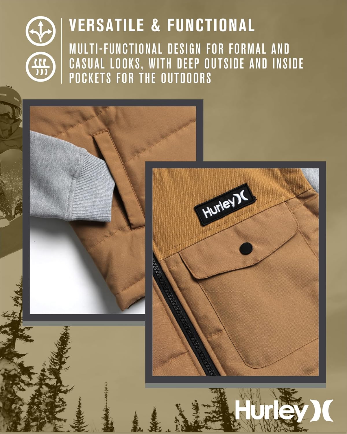 Hurley Mens Canvas Jacket - Lightweight Quilted Two Fer Hooded Sweater Vest Insulated Utility Work Jackets for Men - Image 5