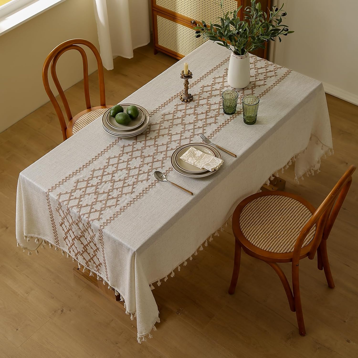 Thick Linen Embroidered Checkered Tablecloth, Bohe Style Dining Tablecloth, Coffee Table Cover, Furniture Throw, Durable and Easy to Clean, 55 x 104 Inch
