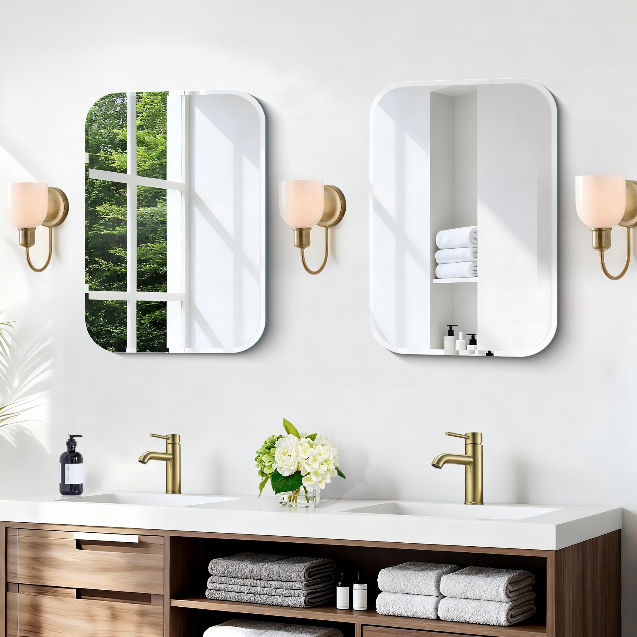 Rechteckiger Wandspiegel, 70x50 cm rahmenloser Spiegel mit abgerundeten Ecken und geschnittenem Rand, für Badezimmer, Schlafzimmer und Wohnzimmer, horizontal und vertikal montierbar