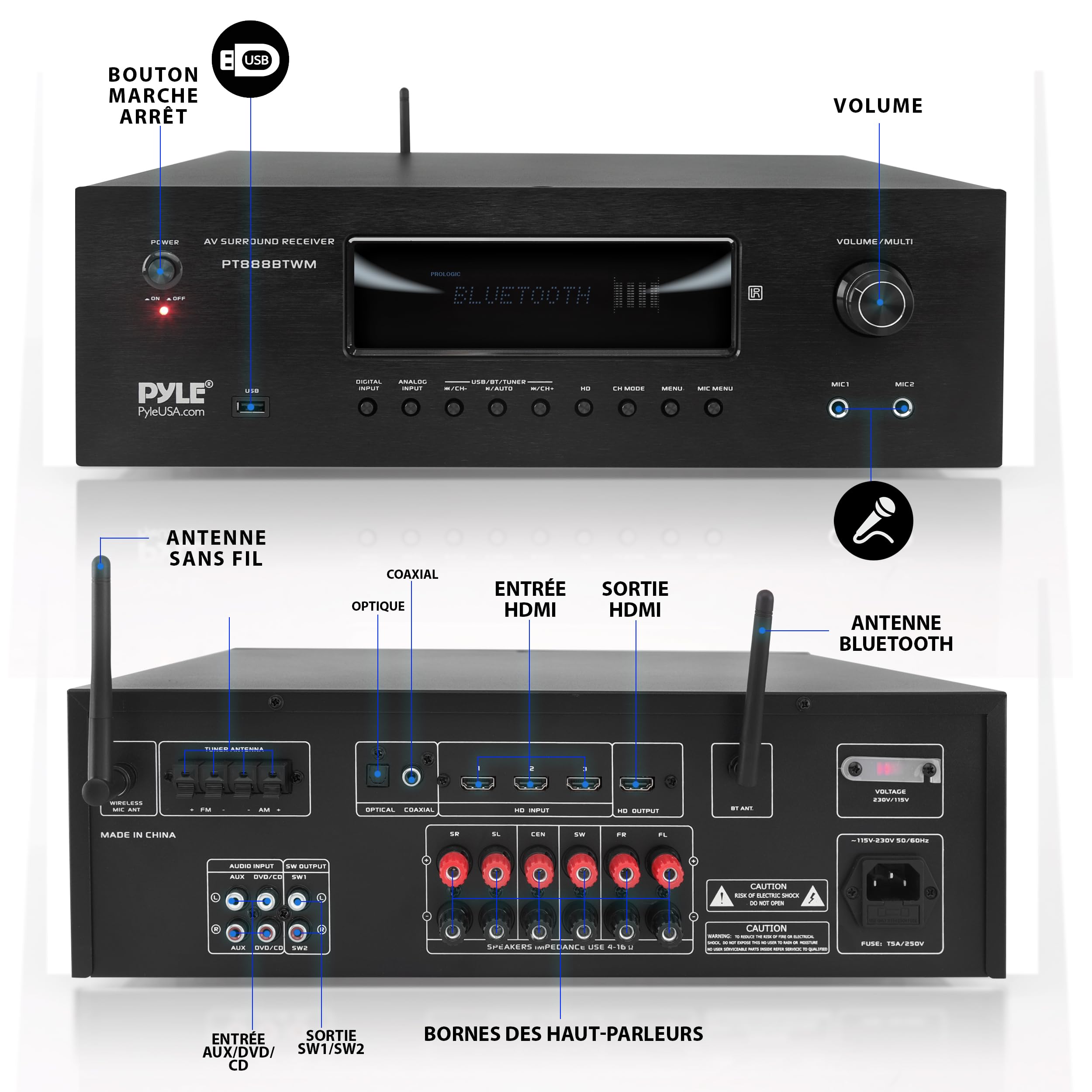 Pyle Récepteur Home Cinéma Bluetooth 5.2 1000W – Amplificateur Stéréo Karaoké avec 2 Micros sans Fil UHF, HDMI 4K/3D, MP3/USB, Radio AM/FM – Égaliseur DSP, Écho & Contrôle Volume Micro – Noir