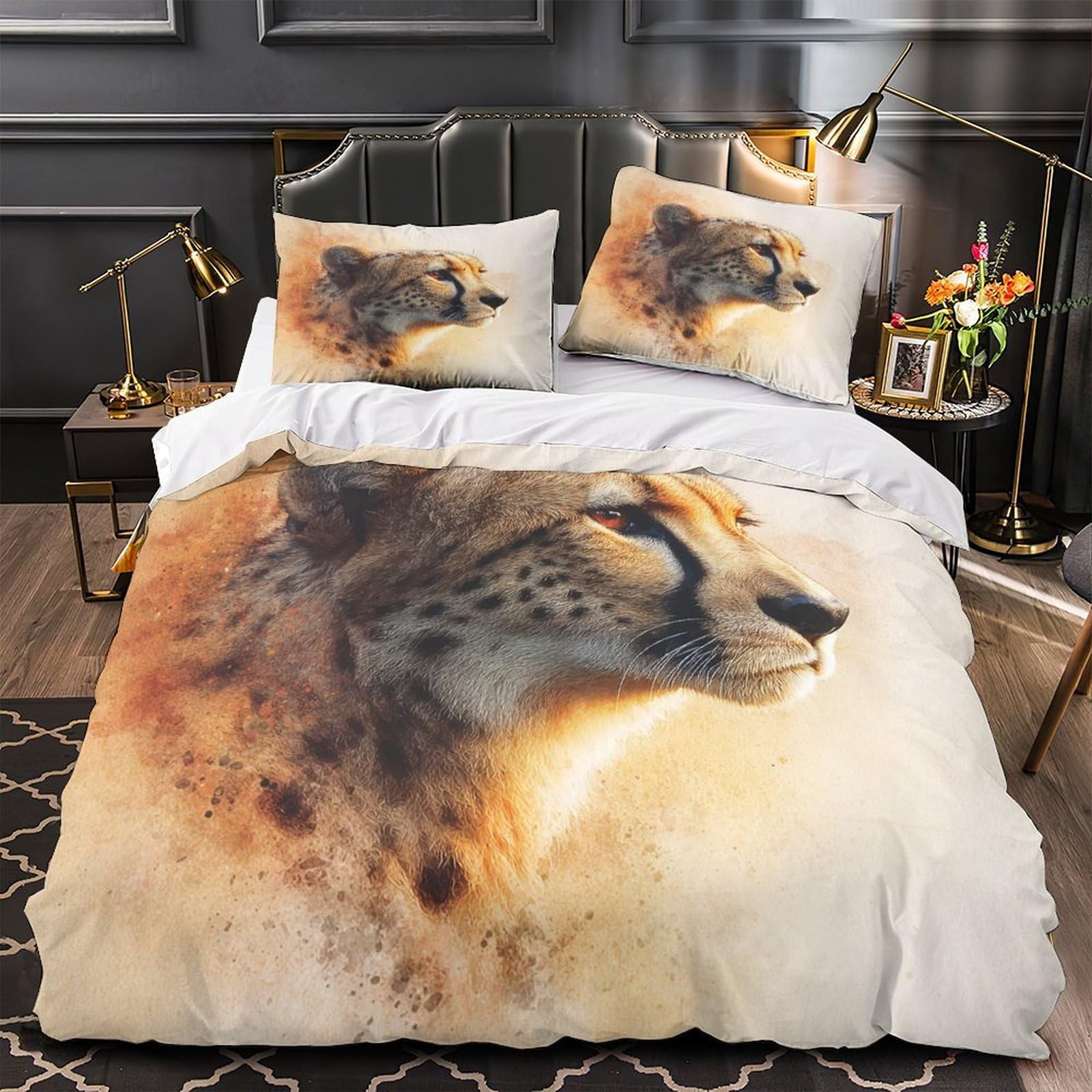Housse de couette guépard 3D grand lit drap microfibre anti-décoloration 260x220 animal sauvage