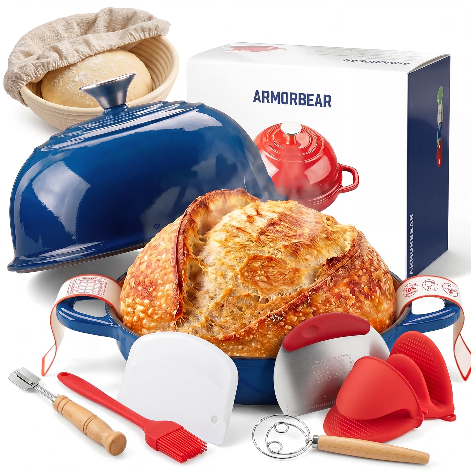 Armorbear Enamelled Dutch Oven for Bread Making with Sourdough Starter Kit, 4.7L Cast Iron Dutch Oven Pot, Round Cast Iron Bread Pot with Dome Lid for Homemade Bread, Gift for Sourdough Bakers — image 1