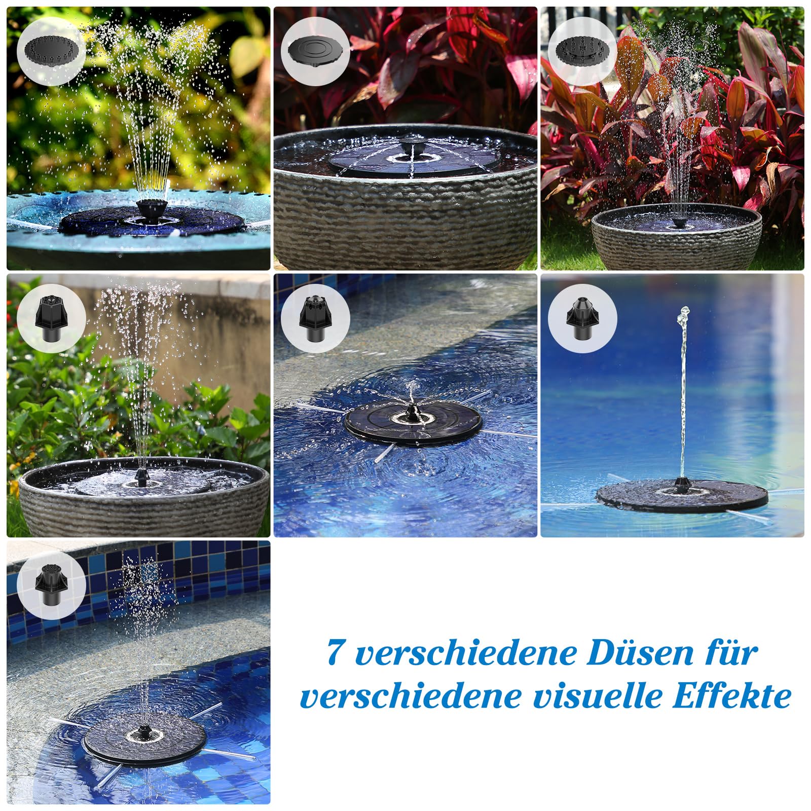 AMZtime Bunte LED 5,5W Outdoor Solar Springbrunnen für Außen, Solarpanel Durchmesser 21cm mit Akku, Outdoor Solarbrunnen für Draussen mit 7 Effekten Sprühmethoden, Solar Teichpumpe für Vogel Teich