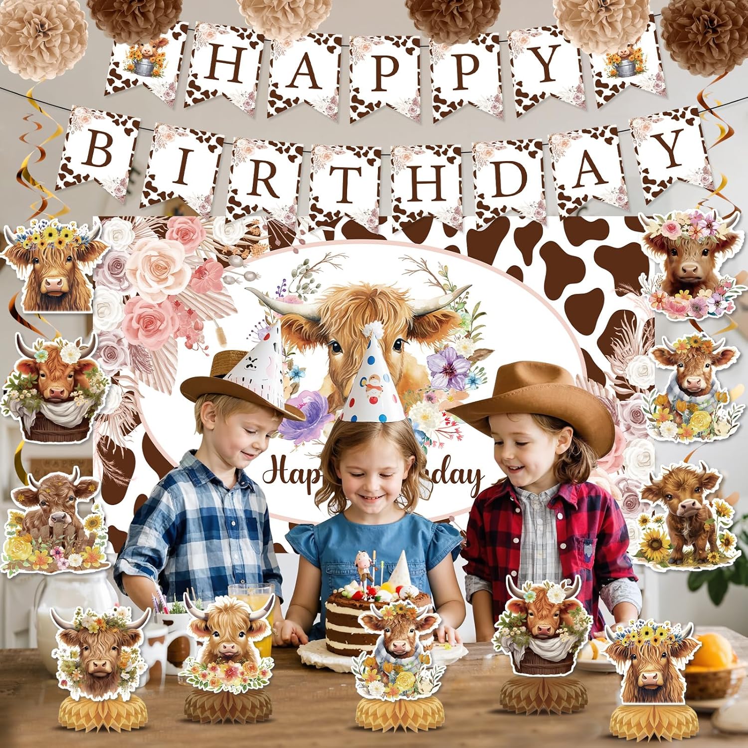 19pcs Highland Cow Birthday Party Decorations for Girls Women Boho Highland Cow Party Supplies with Floral Cows Print Happy Birthday Banner Hanging Swirls Tissue Paper Pom Poms Honeycomb Table Decor