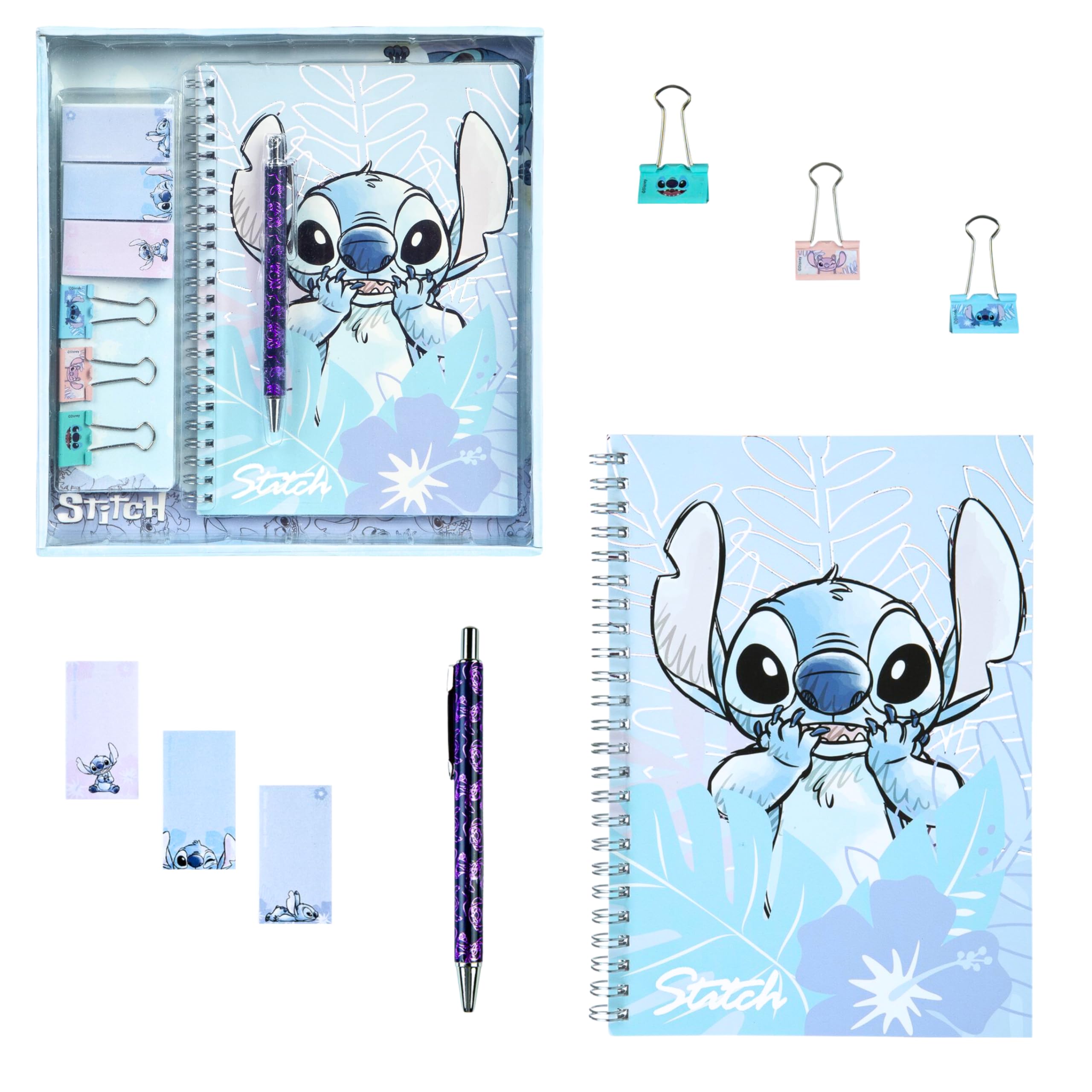 Disney Stitch Set de Papelería, Incluye Boligrafo, 3 Clips, 3 Notas Adhesivas y Cuaderno, Regalo Set de Papeleria Stitch para Niñas