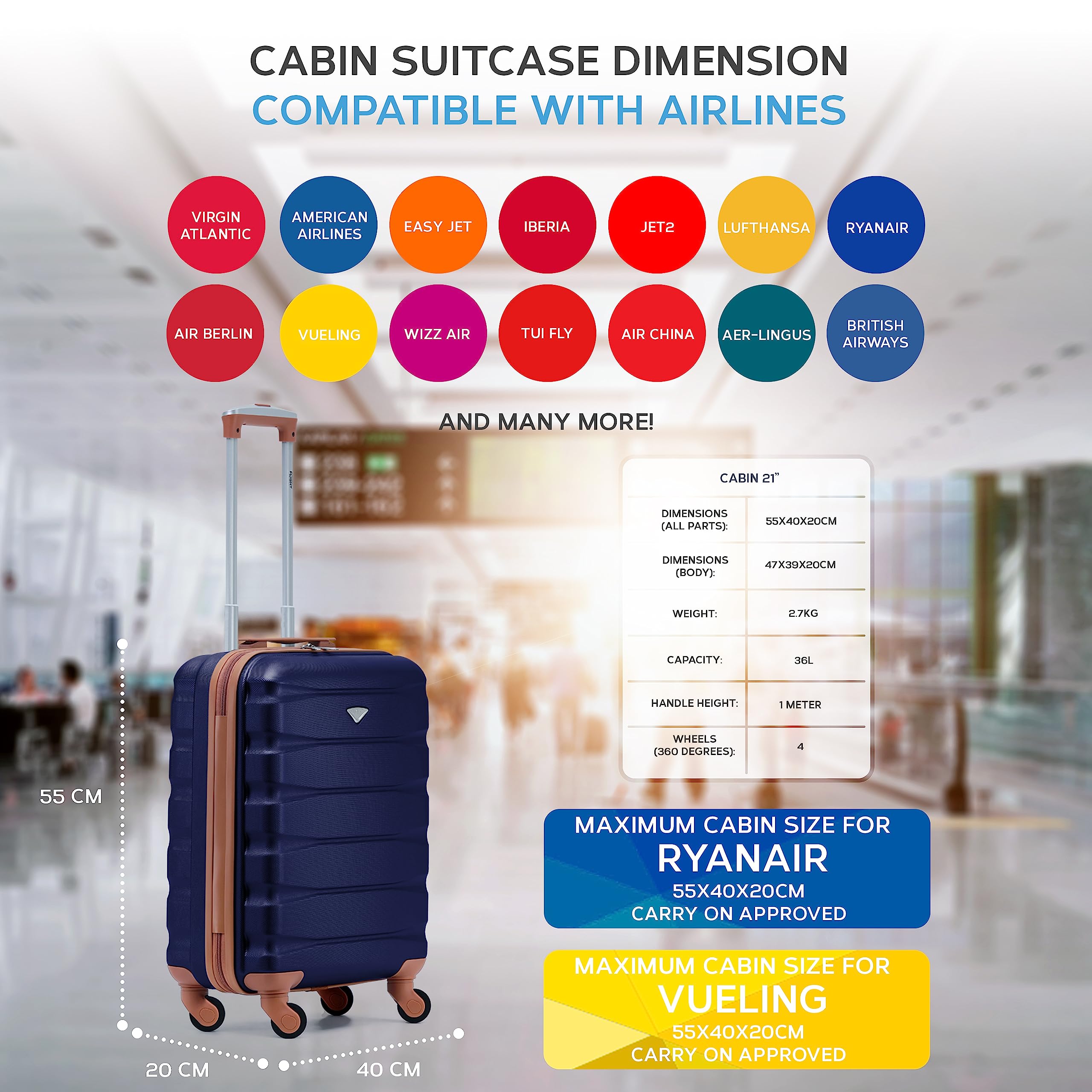 Flight Knight 55x40x20 Ryanair Priority Cabin Suitcase, Also for EasyJet, Jet2, Lightweight,ABS Hard Shell, Durable 4-Wheel Cabin Case, Carry-On Size 10kg Hand Luggage, Travel Bag- 55 x 40 x 20