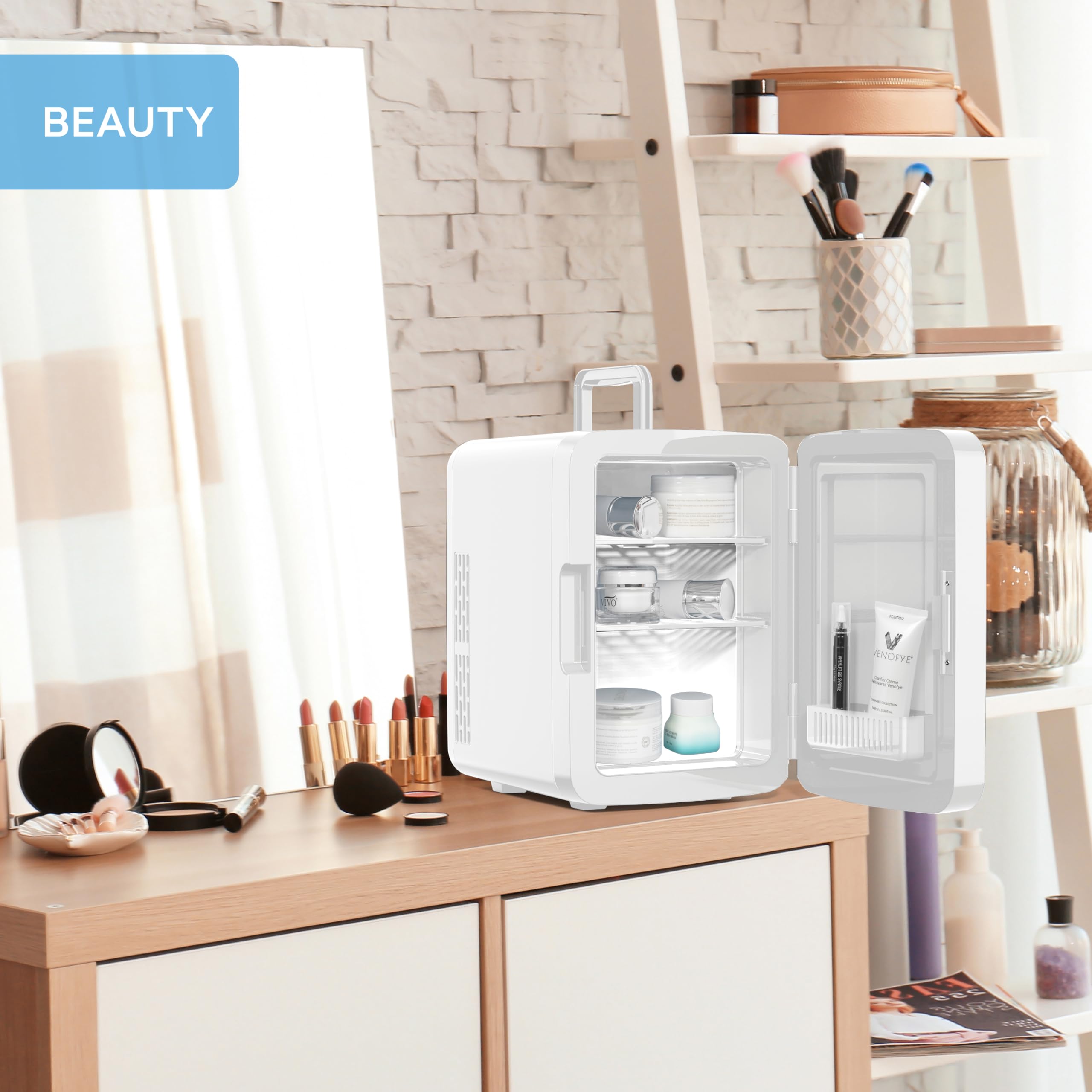 MONCOOK Mini Fridge For Bedrooms - Small, Portable & Quiet - Glass Door Mini Fridge For Skincare, Food & Drinks - Cooling & Warming Function - Perfect For Home, Office, Car Or Travel - 10L White