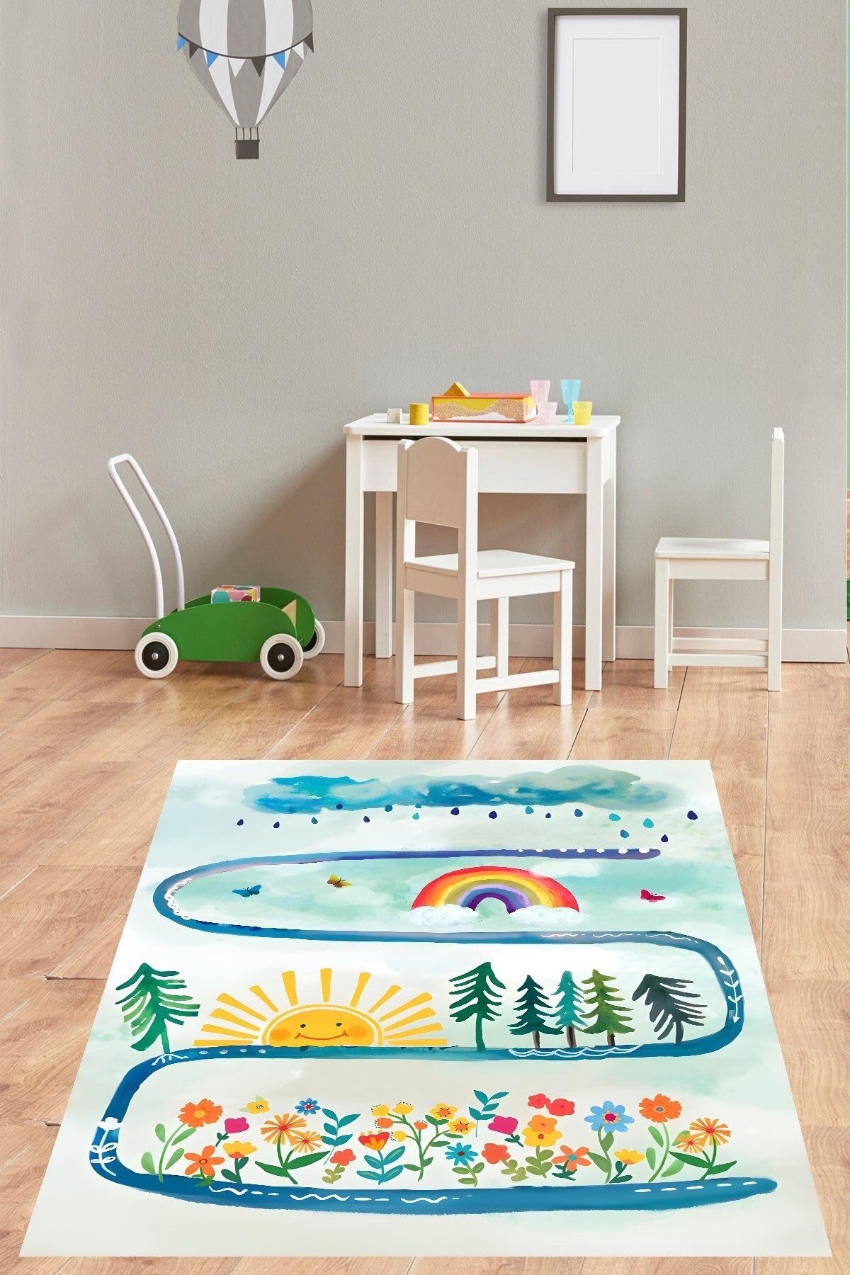 Pelangi Bulut Gökkuşağı Güneş Renkli Çiçekler Desenli Yıkanabilir Kaymaz Taban Leke Tutmaz Çocuk Odası Halı, Mavi-Yeşil-Sarı 100 x 250, 7642013610025005