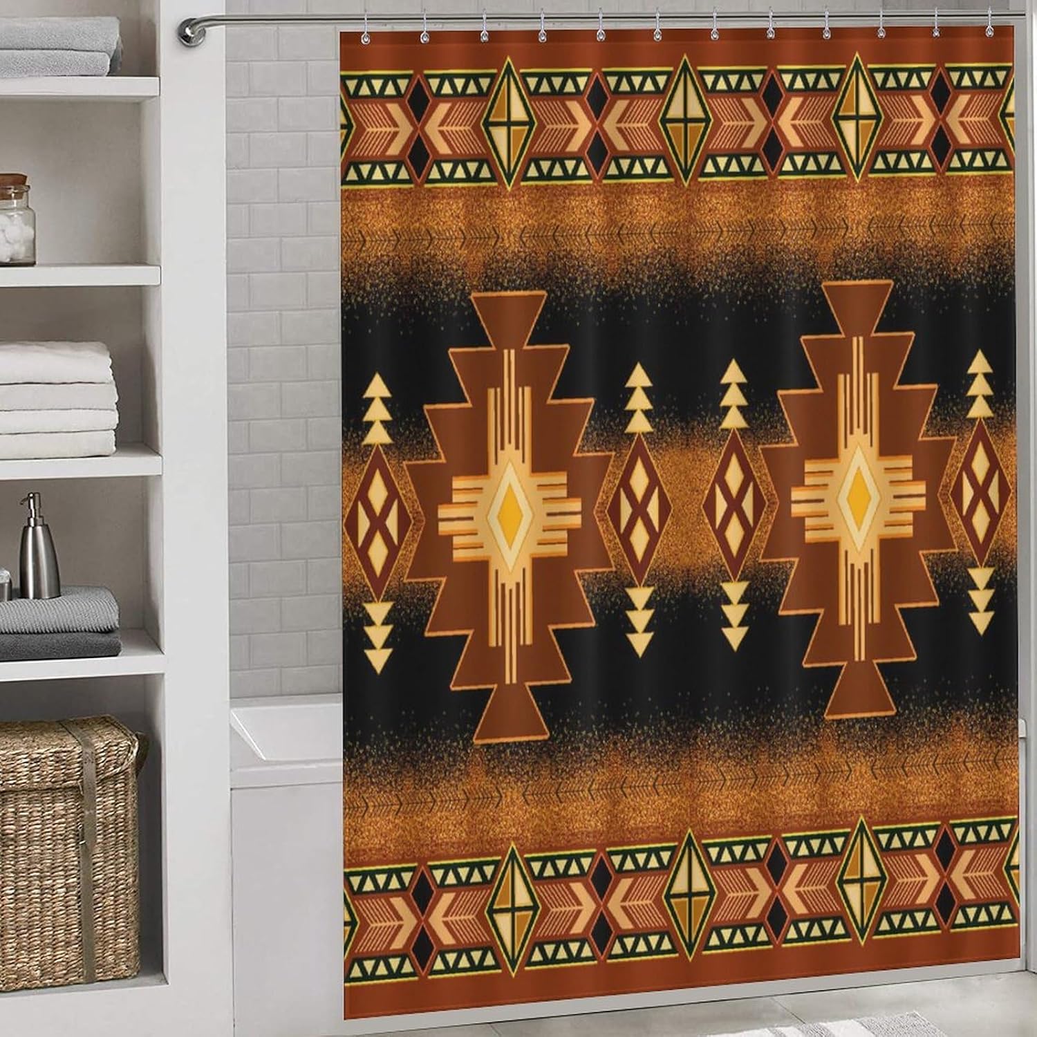 Aztec Shower Curtains,Southwestern Ethnic Geometry Tribe Totem Hippie Aztec Boho Pattern Print Shower Curtains Sets Polyester Waterproof Fabric Decor Bathroom Curtain 66"×72" Inch With 12 Hooks